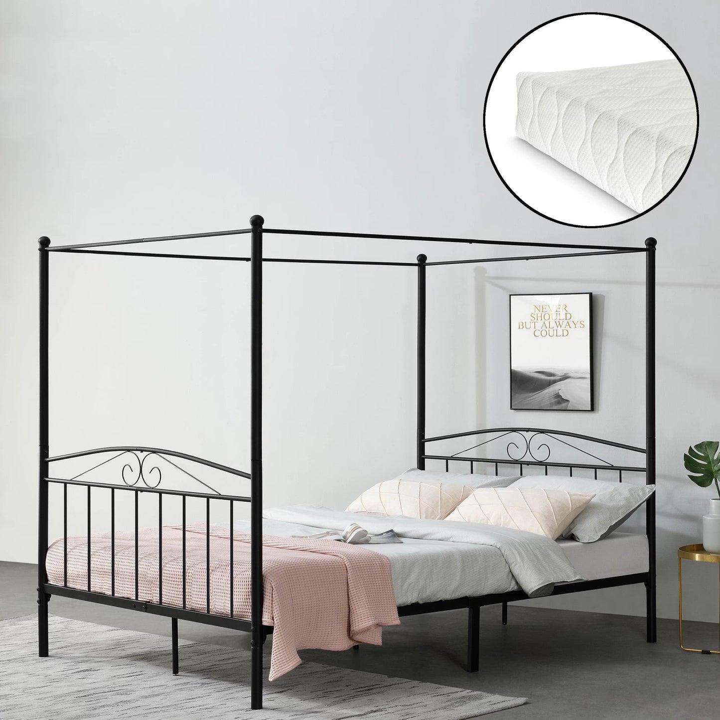 In And OutdoorMatch Metalen hemelbed Florent - Zwart - Met matras - 180x200 cm - Staal en koudschuim - Klassiek design bed twee personen