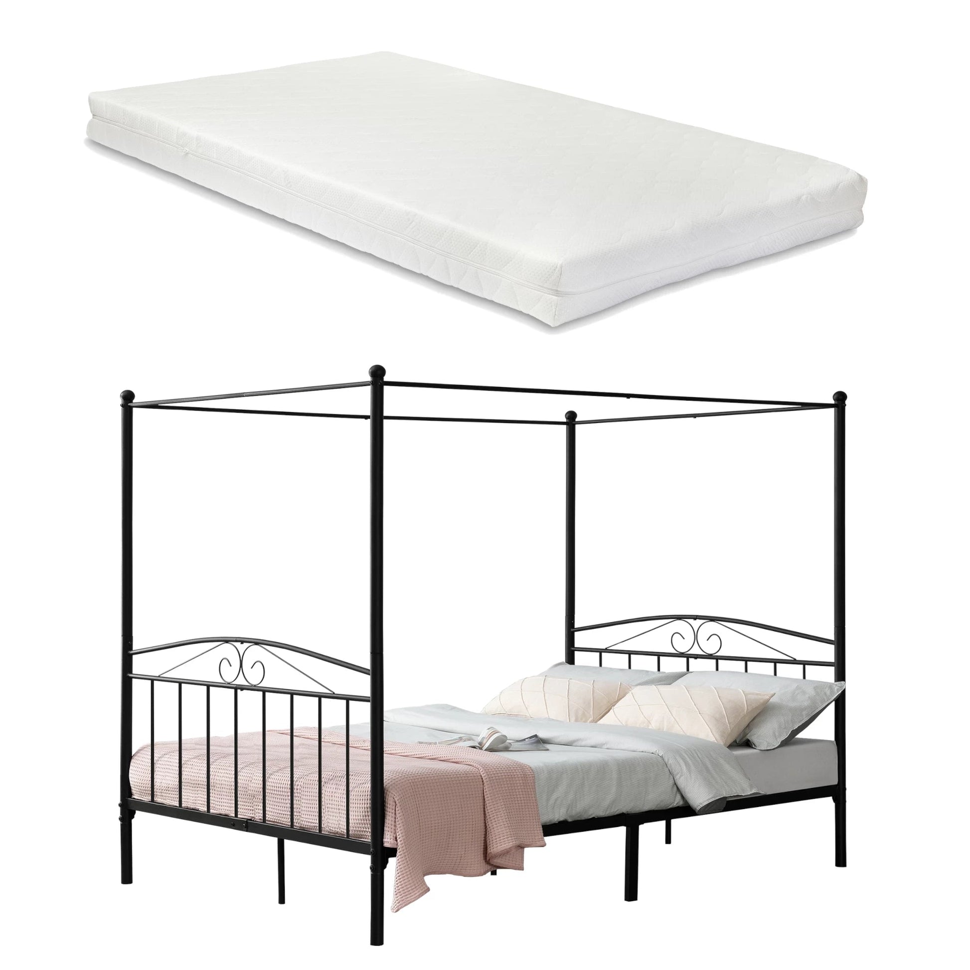 In And OutdoorMatch Metalen hemelbed Florent - Zwart - Met matras - 180x200 cm - Staal en koudschuim - Klassiek design bed twee personen