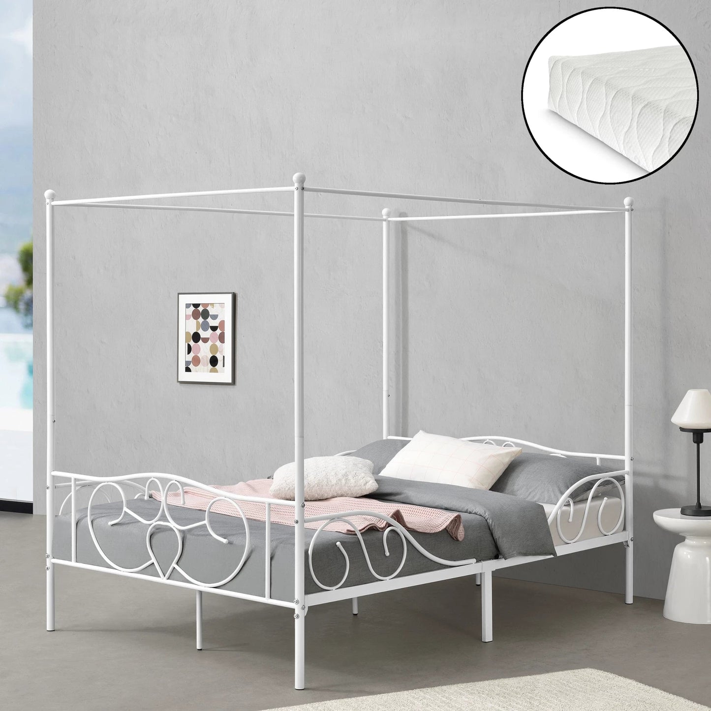 In And OutdoorMatch Metalen hemelbed Reyna - met bedbodem en matras - 140x200 cm - wit - stabiel frame - minimalistisch design Eén persoon slapen