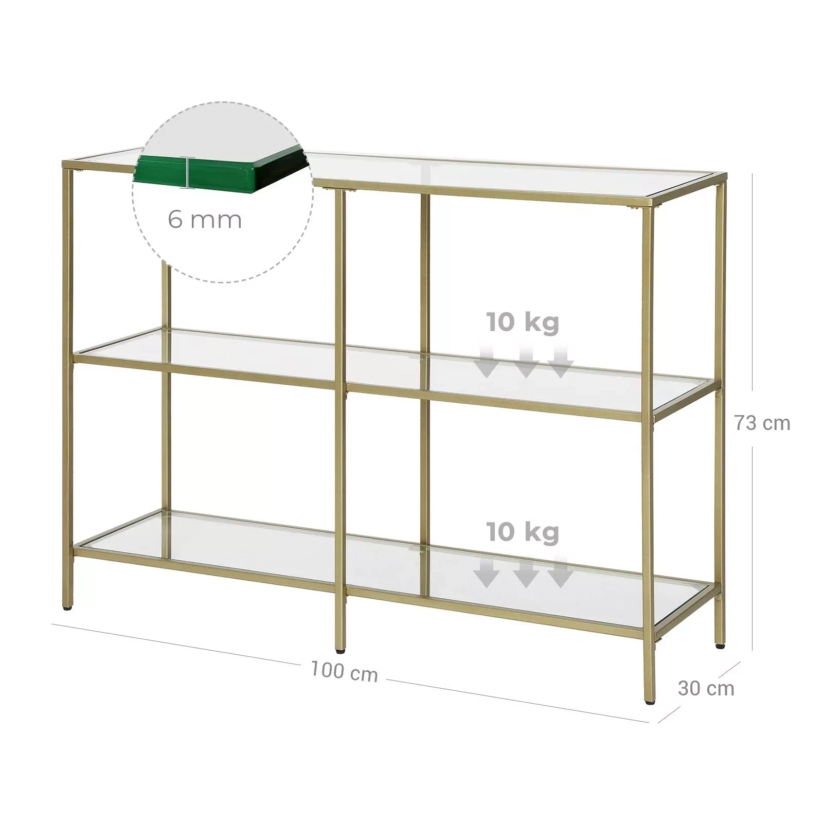 In And OutdoorMatch Modern Opbergrek Marge - Goud - 100x30x73cm - 3 glazen vloeren - Woonkamer - Badkamer - Keuken - Hal Consoletafel