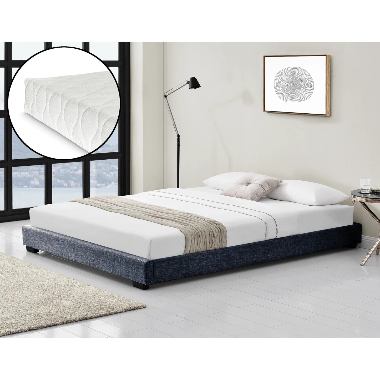 In And OutdoorMatch Modern bedframe Waino - Stof - Met matras - 140x200 - Donkergrijs - Klassiek design Bedframe