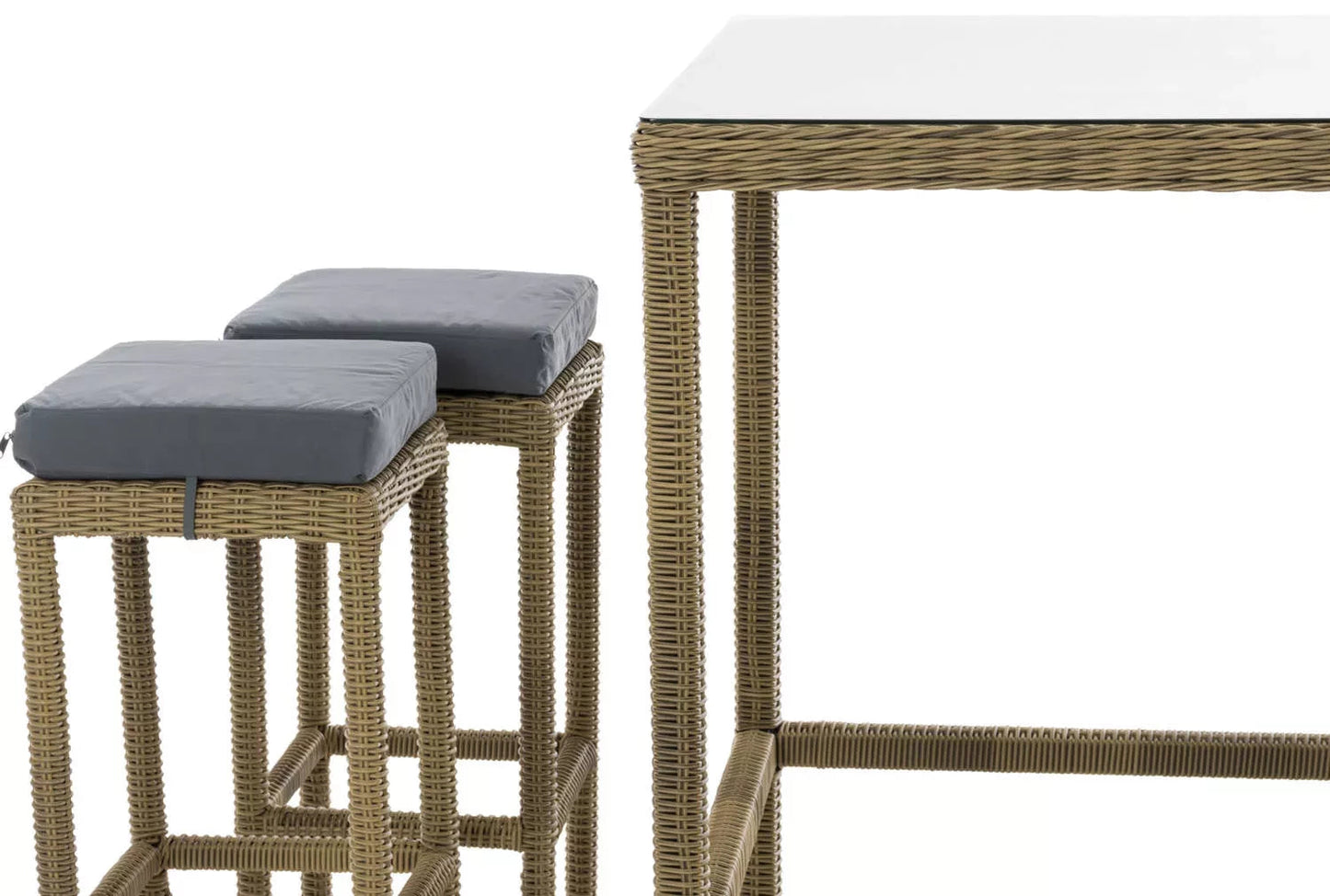 In And OutdoorMatch Moderne Bartafel met stoelen Louisa - Grijs beige - Tuinmeubelen - Rotan - Set van 4 barkrukken - Tuinbar - Binnen en buiten - Weerbestendig - 4 personen Garden set