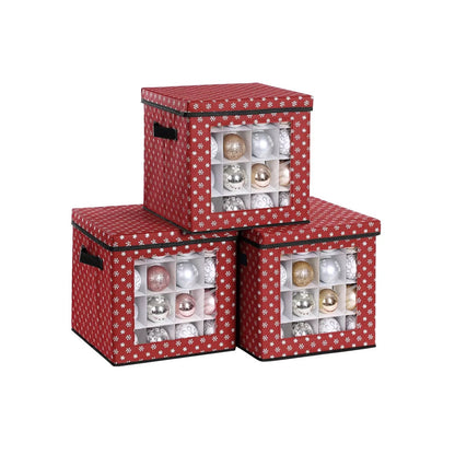 In And OutdoorMatch Opbergdozen Kaleigh - set van 3 - opvouwbare dozen - voor kerstversiering - elk 64 kleine vakken - flexibele verdelers - 30,5x30,5x30,5cm - rood Opslagruimte