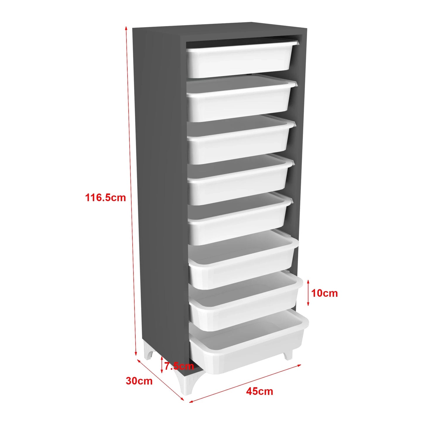 In And OutdoorMatch Opbergkast Leo - Met 8 Manden - 116,5x45x30 cm - Antraciet en Wit - Spaanplaat en Kunststof - Opbergvakken storage rack