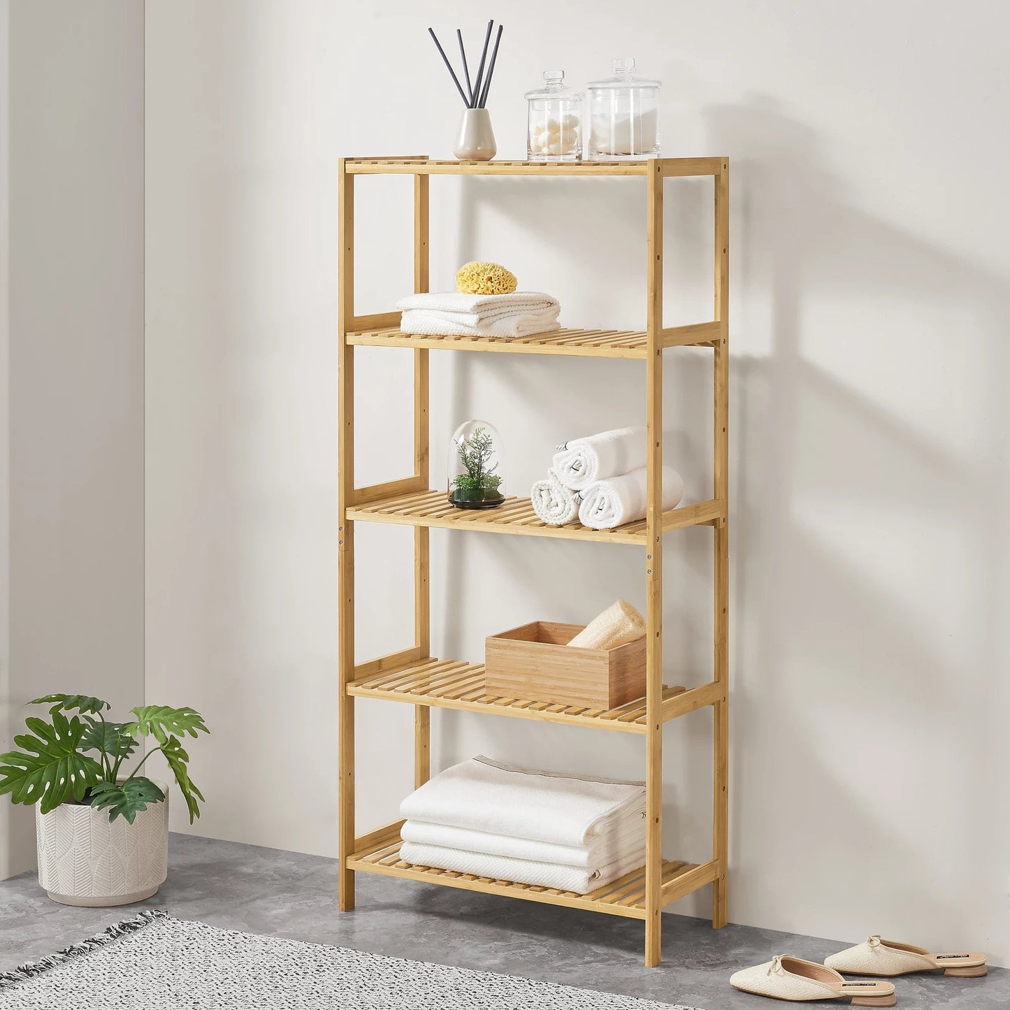 In And OutdoorMatch Opbergrek Jeffrey - Staand rek - Met 5 Bamboe Planken - Klassiek Design storage rack