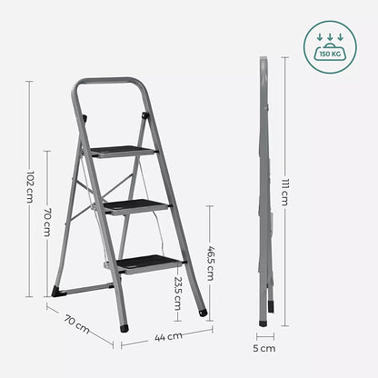 In And OutdoorMatch Opklapbare opstap Garry - met 3 treden - opstapkruk - ladder - 20 cm brede treden - met antislip rubberen matten - met draaggreep - belastbaar tot 150 kg - van staal - grijs/zwart Ladder