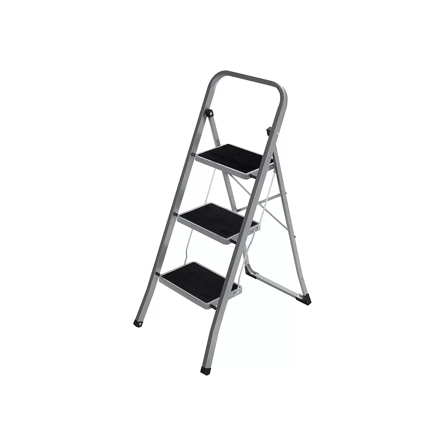 In And OutdoorMatch Opklapbare opstap Garry - met 3 treden - opstapkruk - ladder - 20 cm brede treden - met antislip rubberen matten - met draaggreep - belastbaar tot 150 kg - van staal - grijs/zwart Ladder