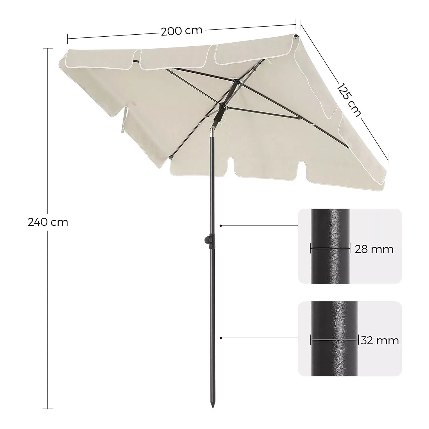 In And OutdoorMatch Parasol Alfred - Rechthoekige Tuinparasol -200x125 cm - UV bescherming tot UPF 50+ - Opvouwbaar - Met PA coating - Tuin - Terras - Zonder standaard - Wit/Beige Sunshade