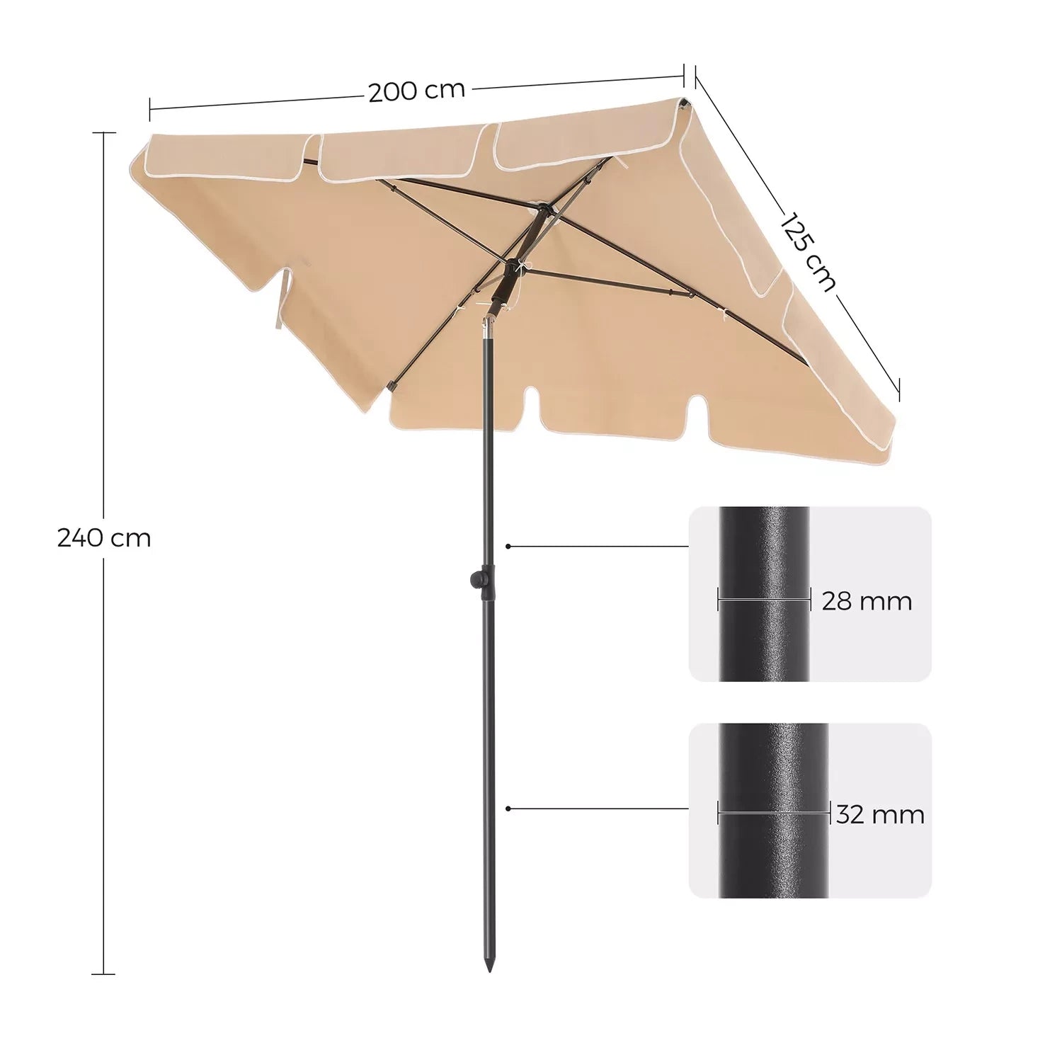 In And OutdoorMatch Parasol Garett - Rechthoekige Tuinparasol -200x125 cm - UV bescherming tot UPF 50+ - Opvouwbaar - Met PA coating - Tuin - Terras - Zonder standaard - Beige Sunshade