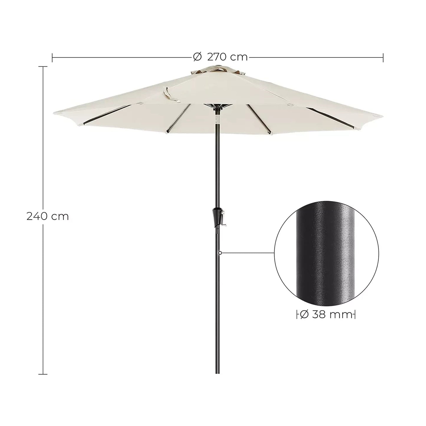 In And OutdoorMatch Parasol Joseph - 270 cm - Tuinparasol - Market Parasol - UV bescherming tot UPF 50+ - Patio Parasol - Zonwering - Knikarm - Met zwengel - Zonder standaard - Beige Sunshade