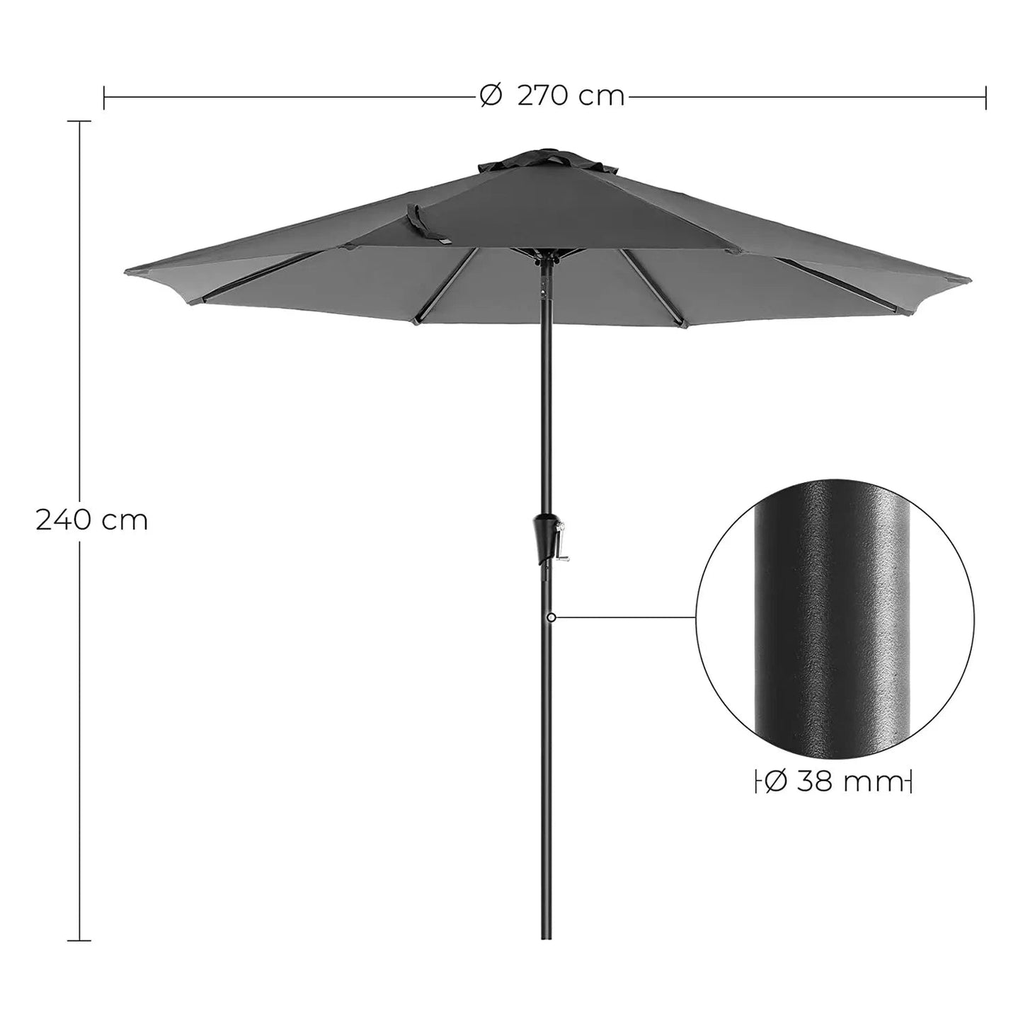 In And OutdoorMatch Parasol Mariah - 270 cm - Tuinparasol - Market Parasol - UV bescherming tot UPF 50+ - Patio Parasol - Zonwering - Knikarm - Met zwengel - Zonder standaard - Zwart Sunshade