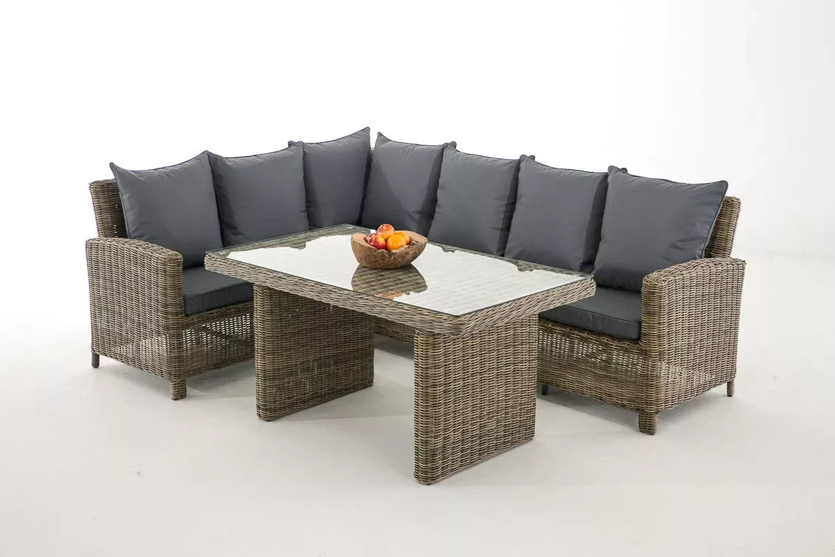 In And OutdoorMatch Premium Tuinset Alvarez - Glazen tafel rotan wicker - Tuinmeubelen - Eettafel - Loungeset - Buitentafel - Salontafel - ijzergrijs - 7 personen Garden set