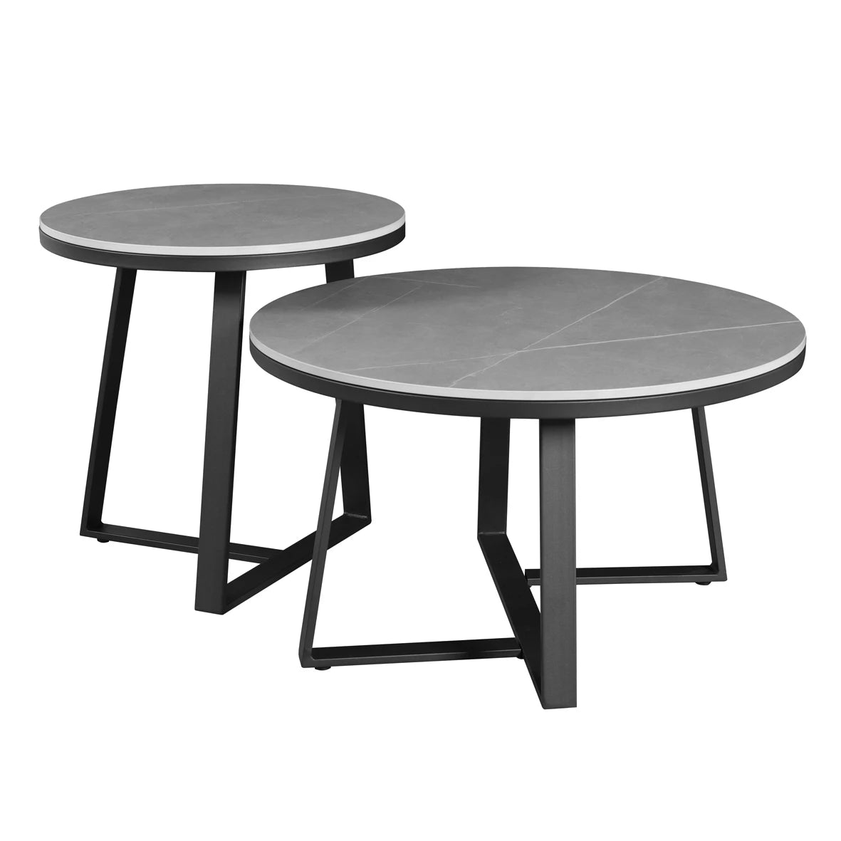 In And OutdoorMatch Salontafel Deluxe Derby - Rond - Set van 2 - Grijs - Marmerlook - Gesinterde steen - Bijzettafel Koffietafel