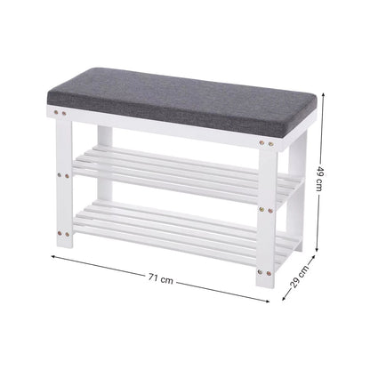 In And OutdoorMatch Schoenenbank Cassidy - Gemaakt van Bamboe - Schoenenrek - met 2 Planken - Bank - Zitting tot 150 kg draagvermogen - 71x29x49cm - Wit/Grijs shoe rack