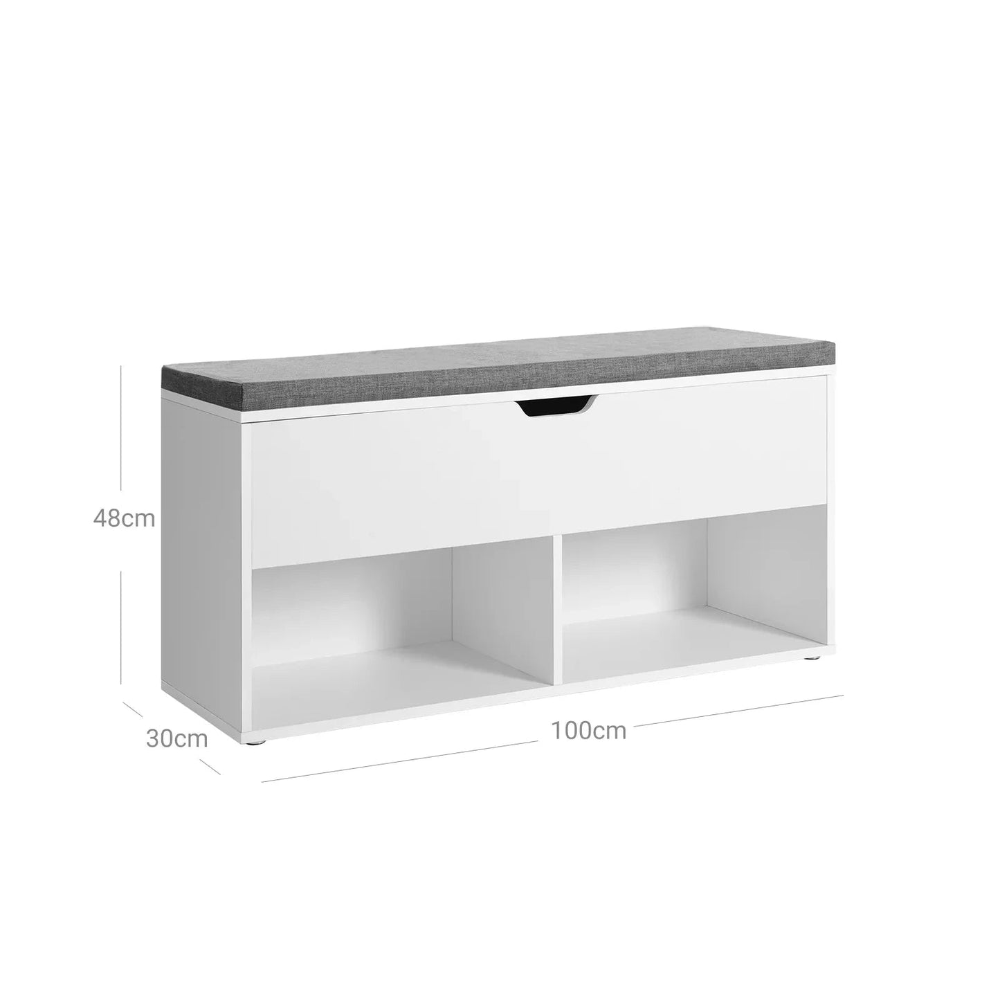 In And OutdoorMatch Schoenenbank Jorge - Bank - 2 Open Compartimenten - 1 Gesloten Compartiment Onder Deksel - Schoenenrek - Gestoffeerde Zitting - Hal - Slaapkamer - Entree - 100x30x48cm - Wit shoe bench