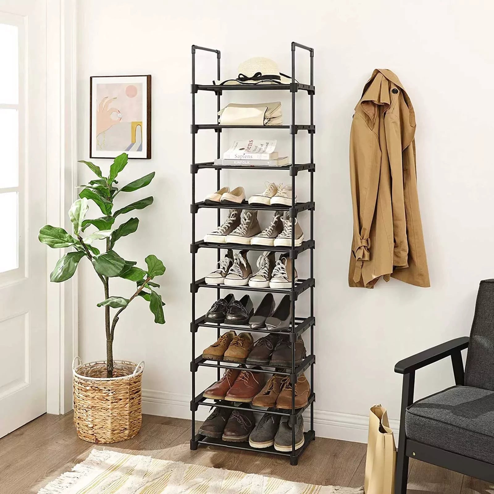 In And OutdoorMatch Schoenenrek Brock - Zwart - Schoenenkast - 10 Planken - 45x30x174cm shoe rack