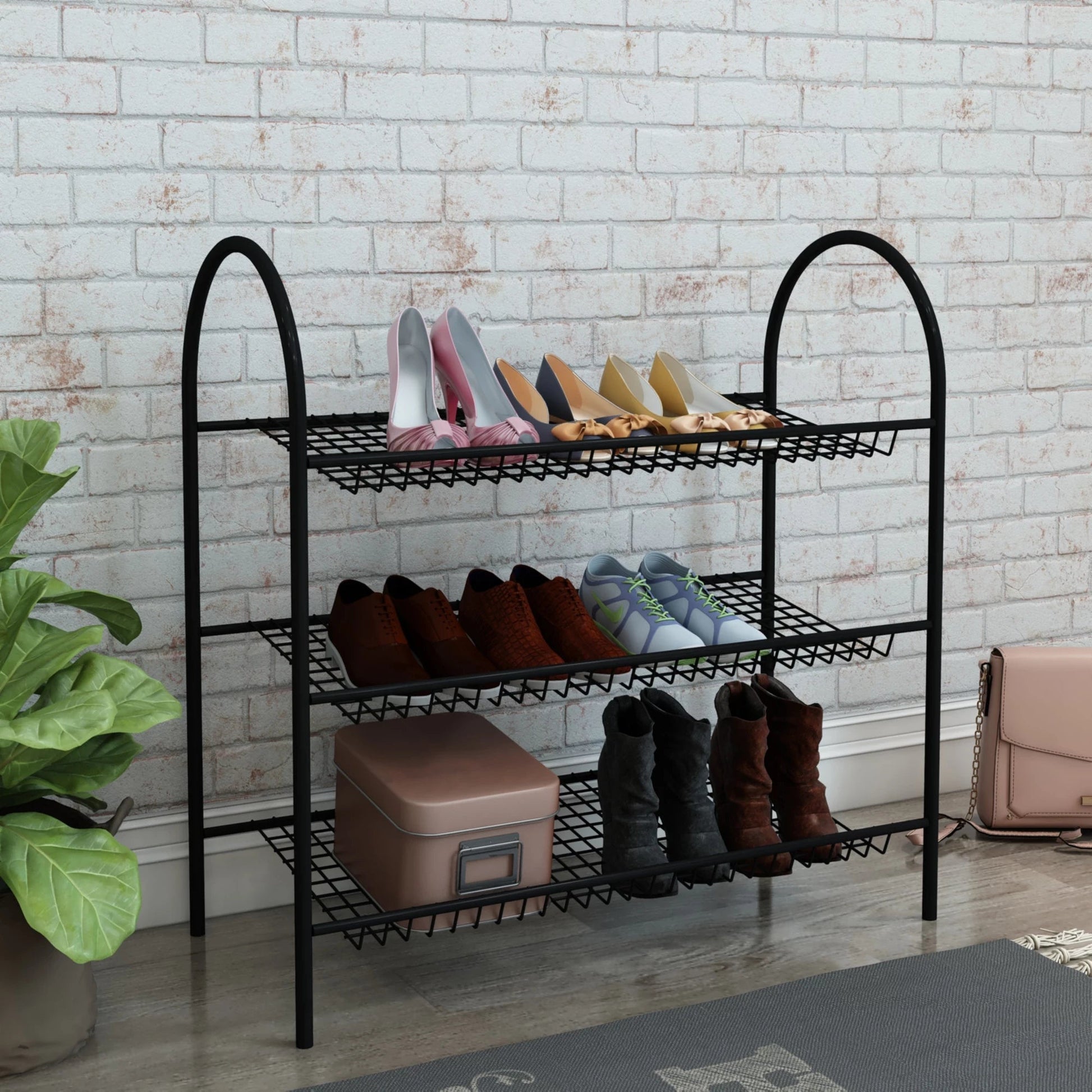 In And OutdoorMatch Schoenenrek Pori - Met 3 Planken - 69x68.5x32cm - Metaal - Zwart shoe rack