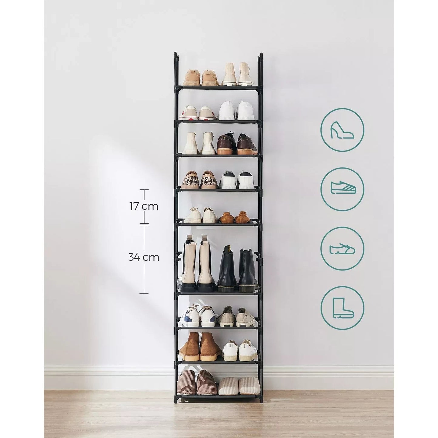 In And OutdoorMatch Schoenenrek metaal Alek - Hoogte 173cm - 10 paar schoenen - Schoenenkast shoe rack