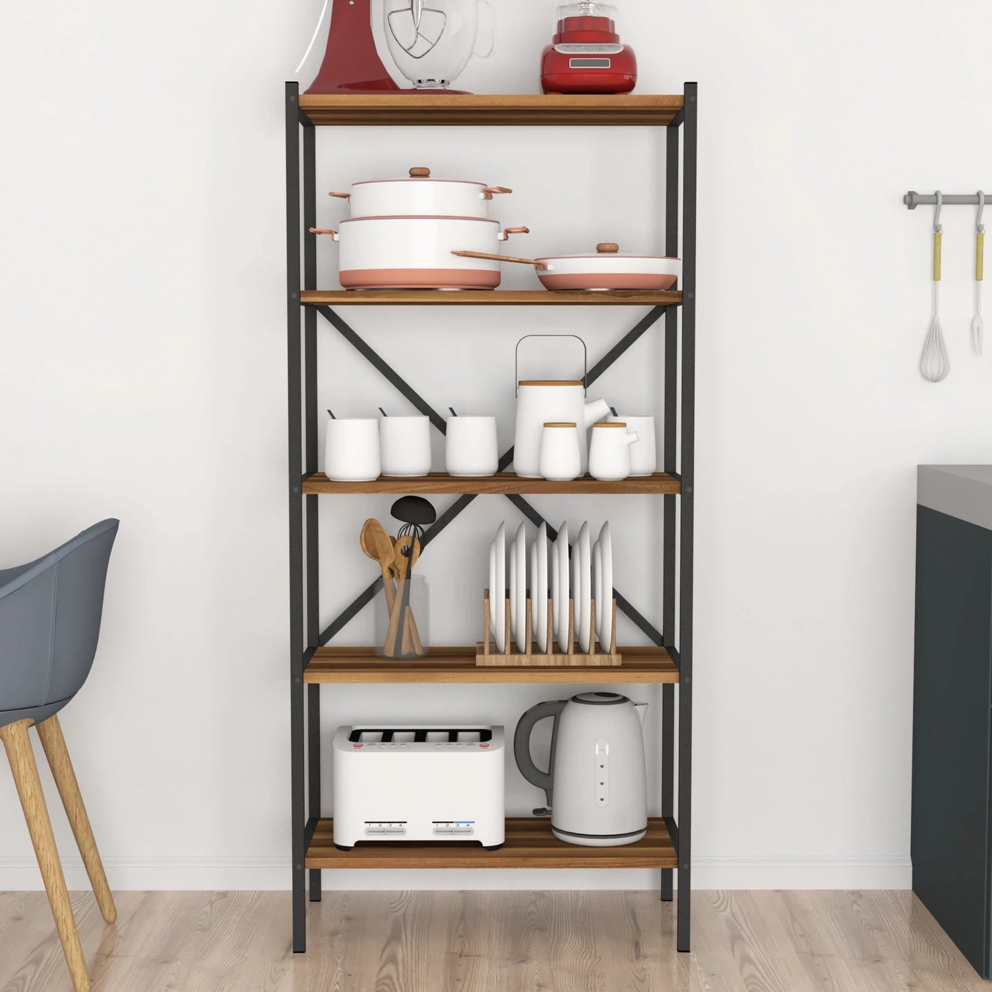 In And OutdoorMatch Staand rek Leonard - 160x66x34 cm - Walnootkleurig en Antraciet - Spaanplaat en Metaal - Modern Design storage rack