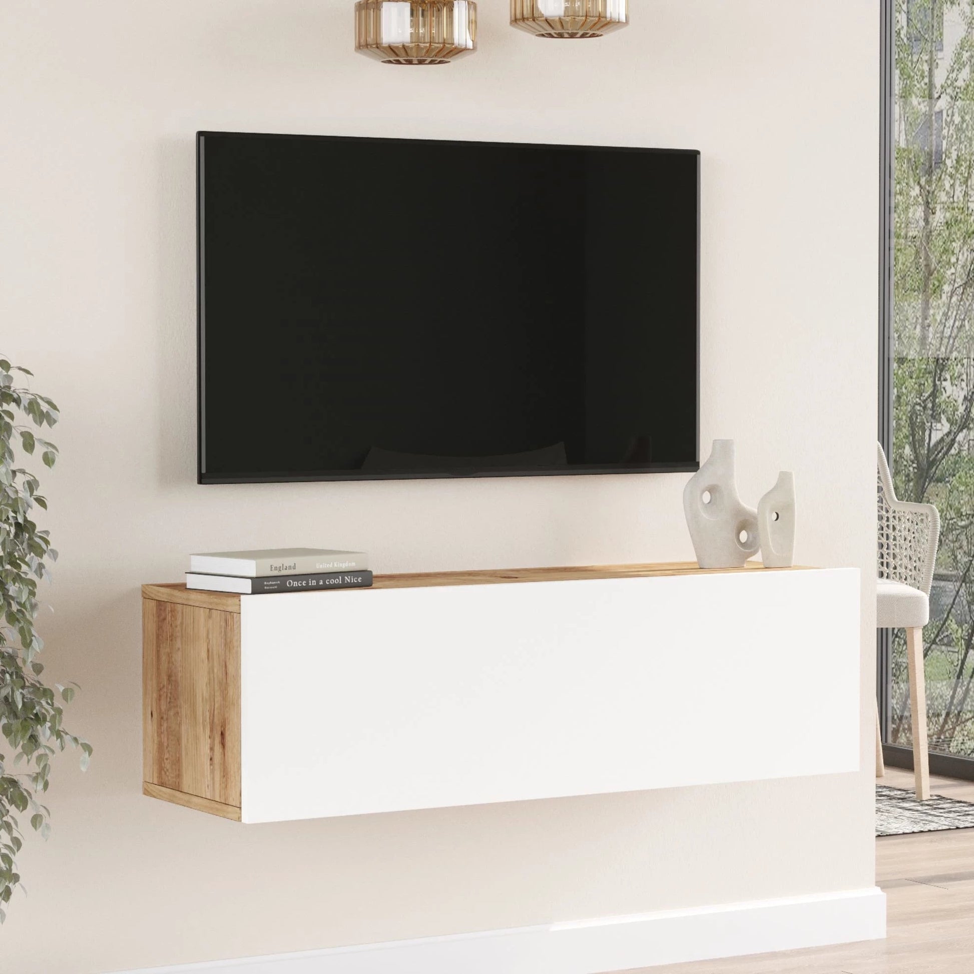 In And OutdoorMatch TV Kast Bruno - TV Meubel - TV meubel - 100x31.5x29.5cm - Houtkleurig en Wit - Spaanplaat - Sierkast TV-meubel