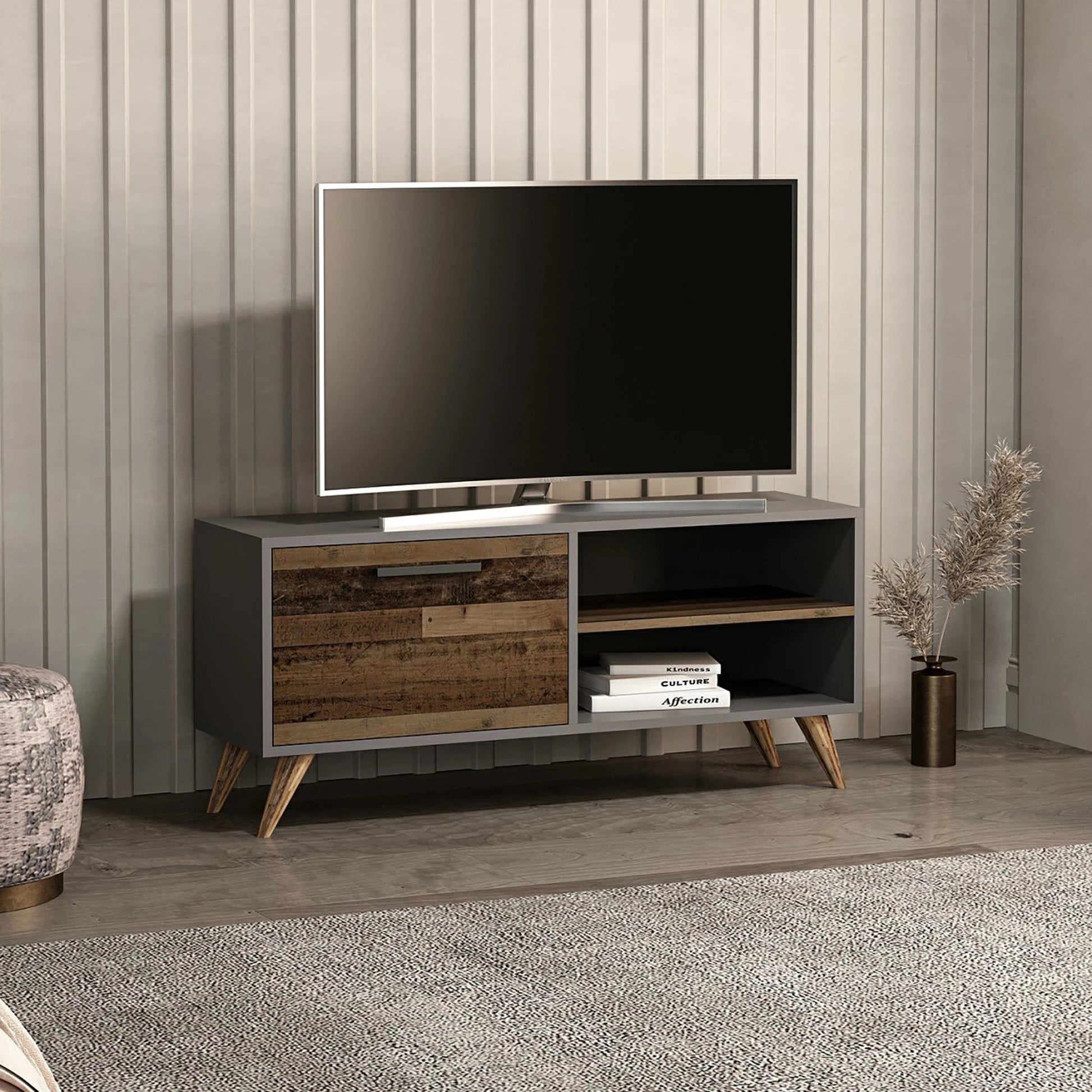 In And OutdoorMatch TV Kast Emmie - 120x35x50 cm - Antraciet en Houtkleurig - Spaanplaat en Kunststof - Modern Design TV-meubel