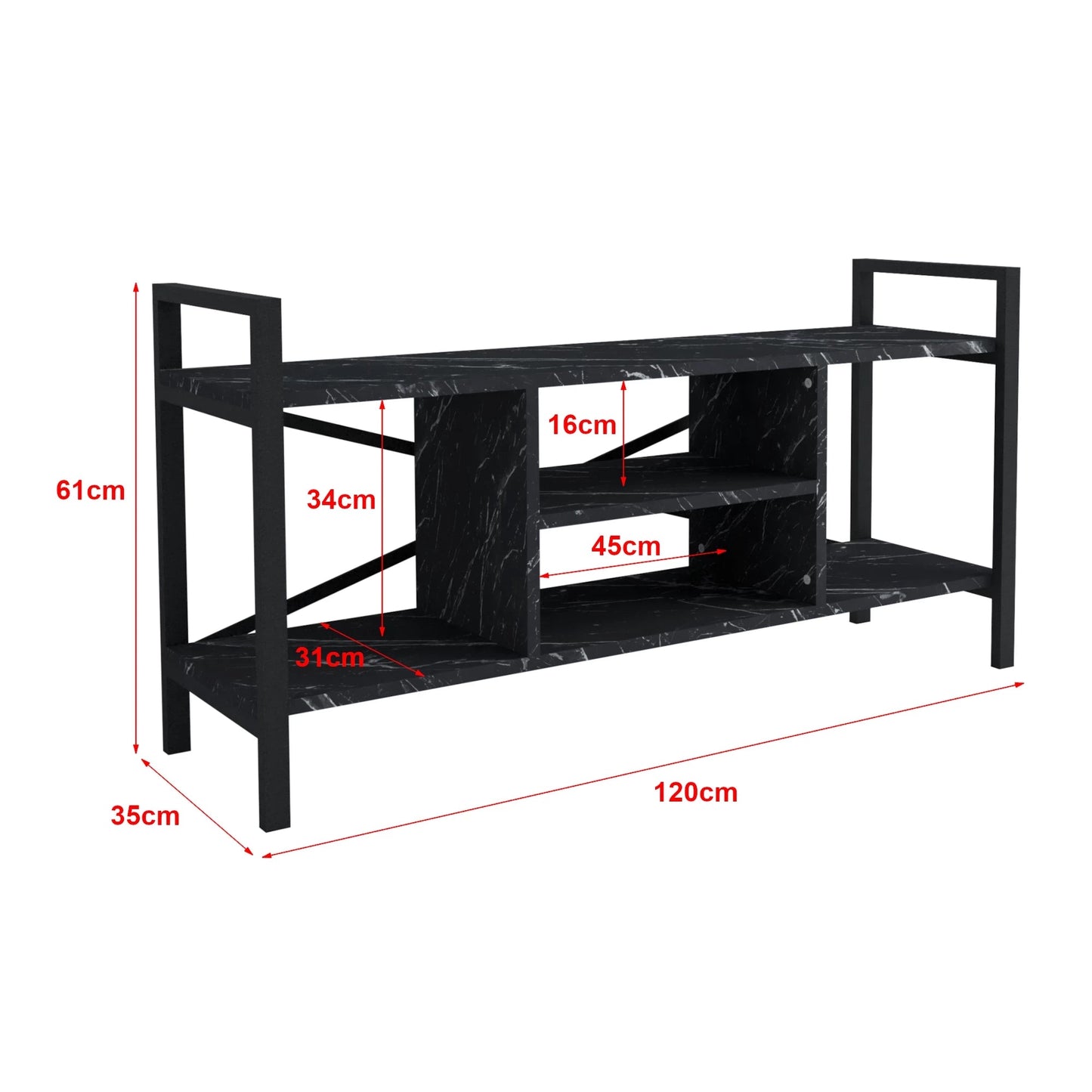 In And OutdoorMatch TV Kast Veno - TV meubel - TV meubel - 61x120x35 cm - Marmer Zwart en Zwart - Spaanplaat en Metaal - Met Plank TV-meubel