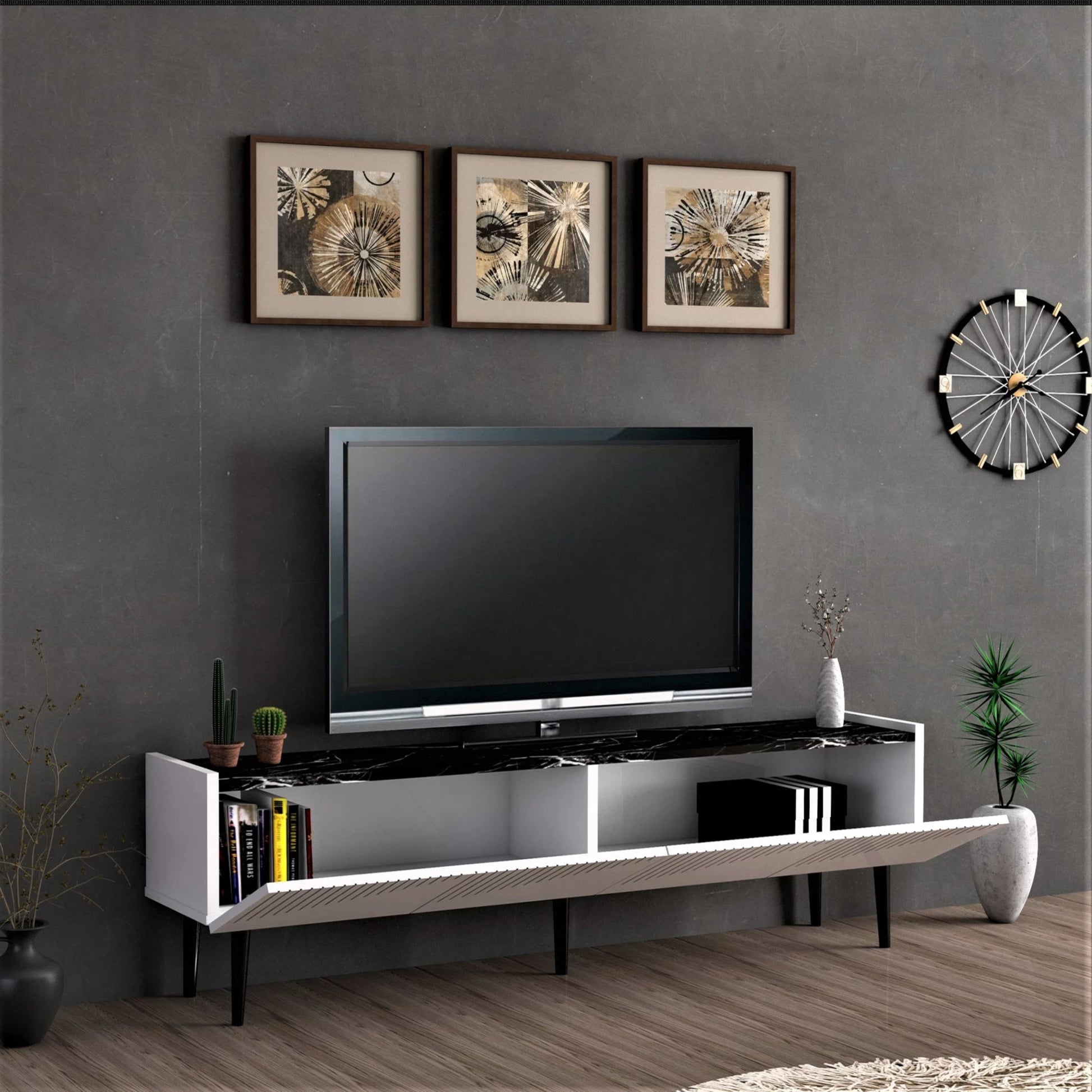 In And OutdoorMatch TV meubel Etienne - TV meubel - 45x154x37 cm - kleur wit en marmer zwart - spaanplaat - kunststof - decoratief design TV-meubel