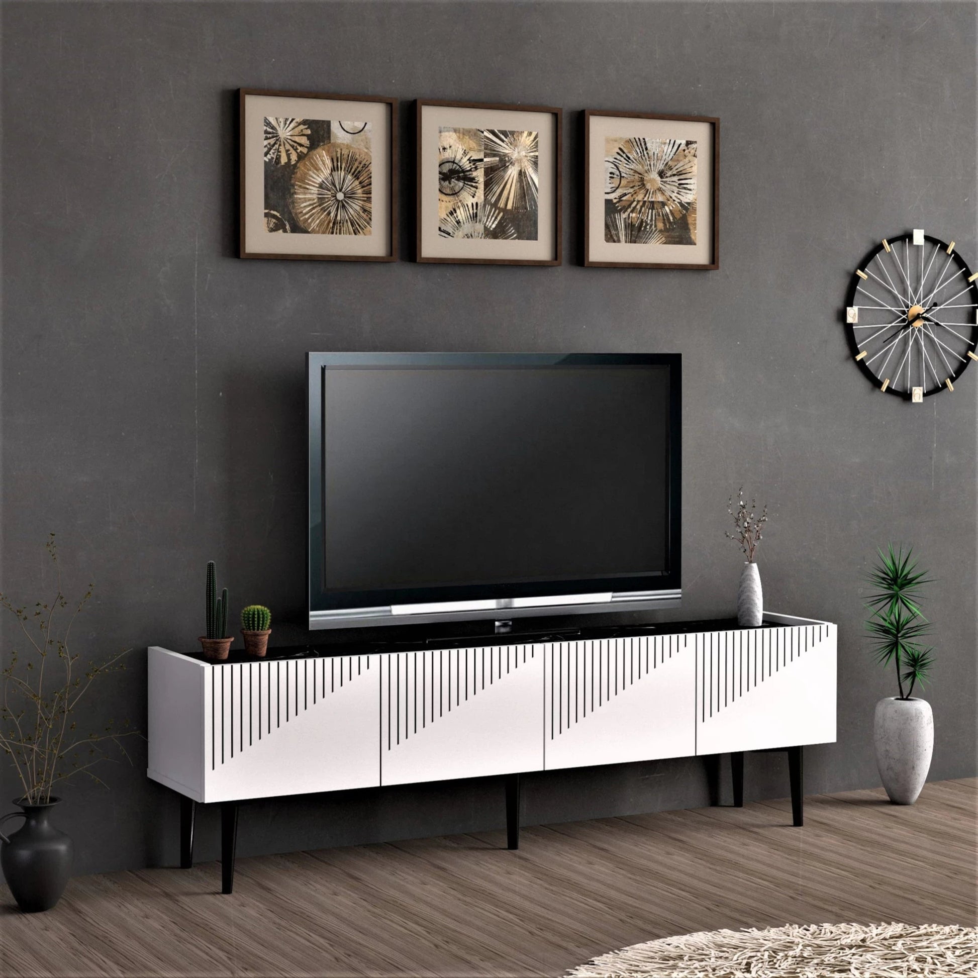 In And OutdoorMatch TV meubel Etienne - TV meubel - 45x154x37 cm - kleur wit en marmer zwart - spaanplaat - kunststof - decoratief design TV-meubel