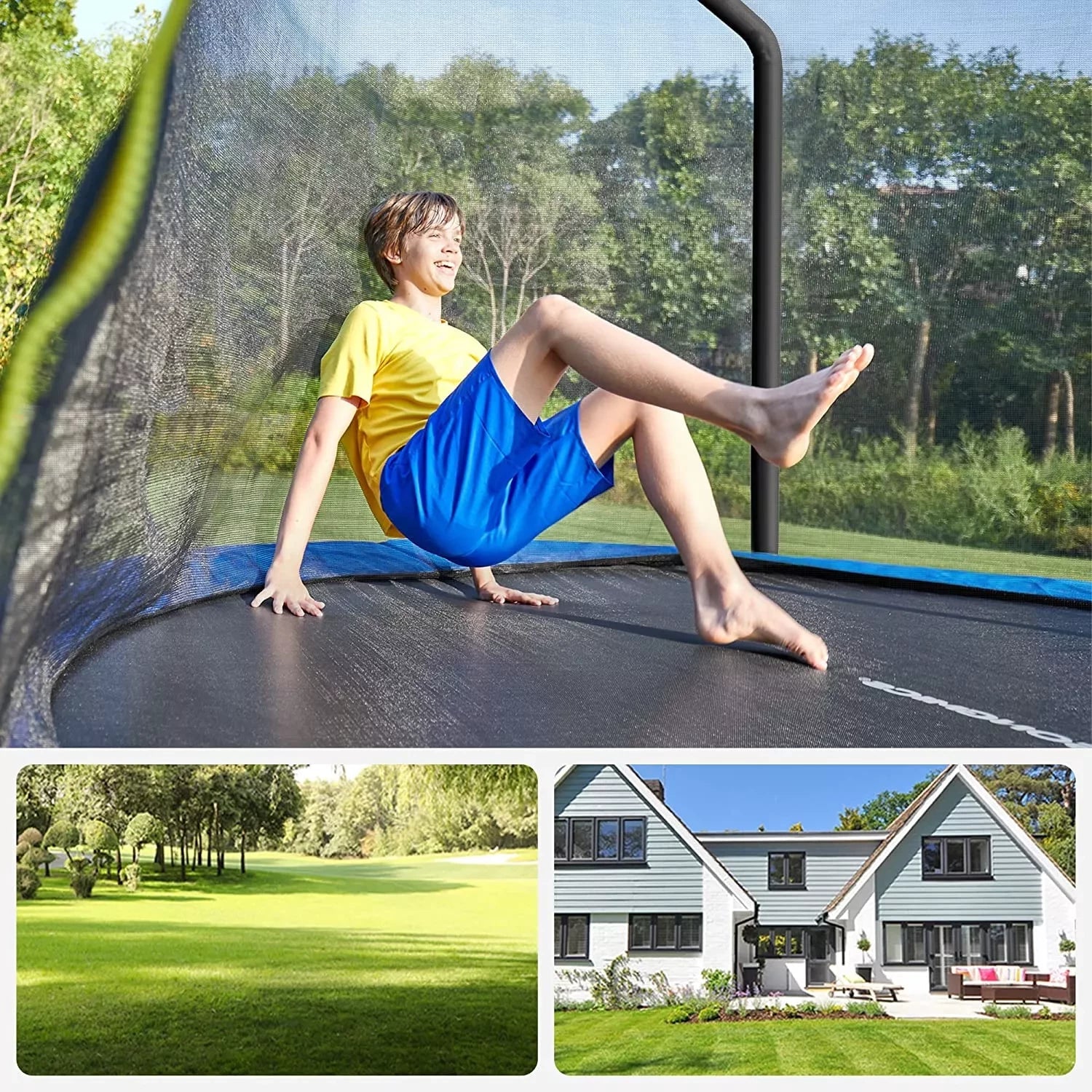 In And OutdoorMatch Trampoline Toni - 366 cm - Blauw - Trampoline met veiligheidsnet en ladder - gewatteerd frame - voor kinderen en volwassenen - binnennet Trampoline