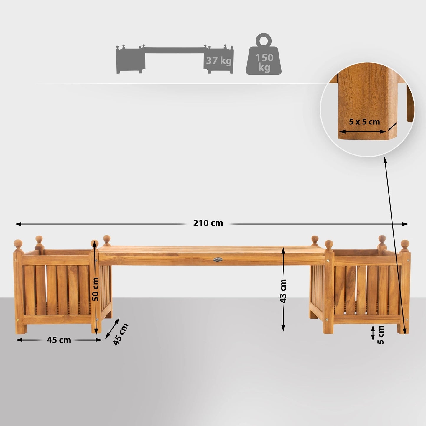 In And OutdoorMatch Tuinbank Lynda - Teakhouten Bank - Bruin - Met Bloembakken - Opvallend Design - Comfortabele Tuinbank Garden Bench