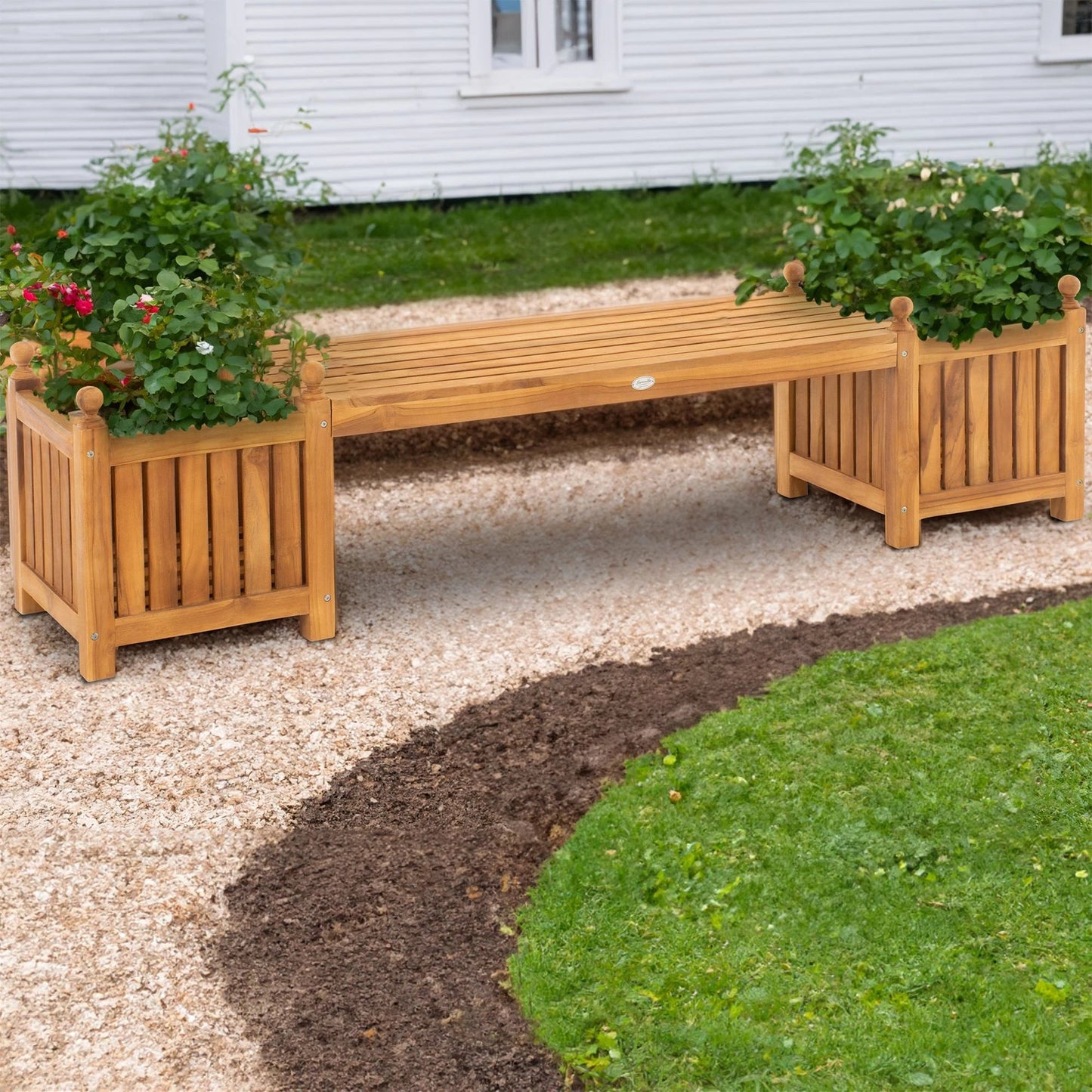 In And OutdoorMatch Tuinbank Lynda - Teakhouten Bank - Bruin - Met Bloembakken - Opvallend Design - Comfortabele Tuinbank Garden Bench