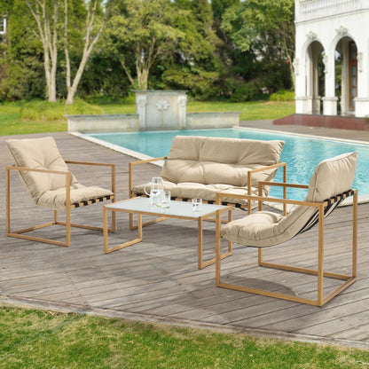 In And OutdoorMatch Tuinset Alexis - 4-delig - Tafel - Bank - 2x stoelen - Houtkleurig en Kaki Bruin - Luxe Look Garden set