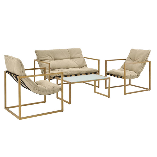 In And OutdoorMatch Tuinset Alexis - 4-delig - Tafel - Bank - 2x stoelen - Houtkleurig en Kaki Bruin - Luxe Look Garden set