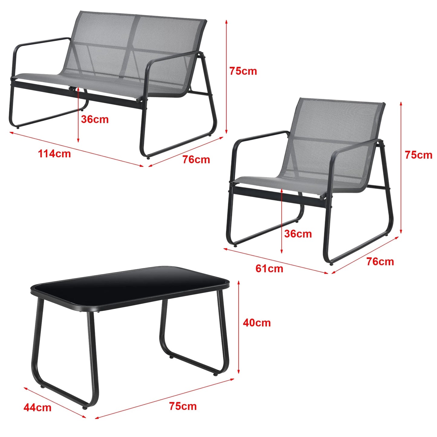 In And OutdoorMatch Tuinset Dannie - 4-delig - Loungeset - Lichtgrijs en Zwart - Staal, Glas en Stof - Stijlvolle uitstraling Garden set