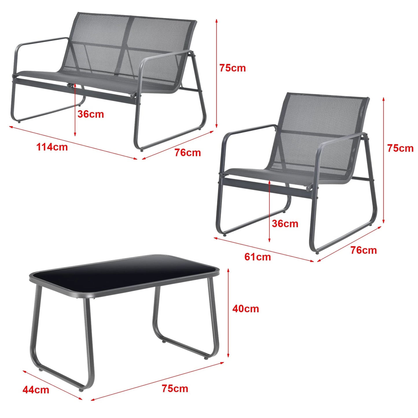 In And OutdoorMatch Tuinset Retta - 4-delig - Loungeset - Donkergrijs en Zwart - Staal, Glas en Stof - Stijlvolle uitstraling Garden set