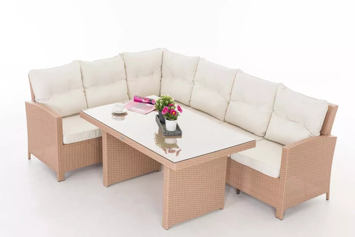 In And OutdoorMatch Tuinset Vergie - 6 persoons - Glastafel - Rotan wicker - Tuinmeubelen - Eettafel tuintafel - Loungeset - Buitentafel - Salontafel - Creme/wit Garden set