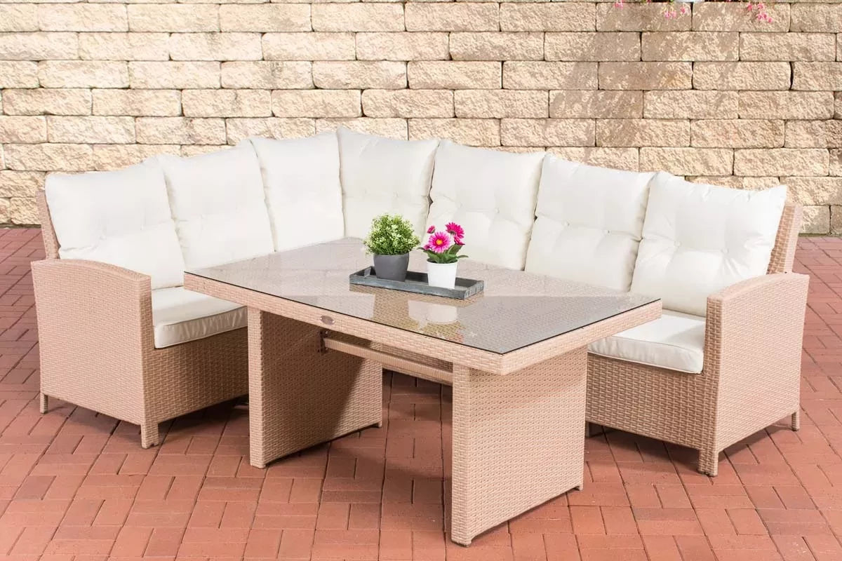 In And OutdoorMatch Tuinset Vergie - 6 persoons - Glastafel - Rotan wicker - Tuinmeubelen - Eettafel tuintafel - Loungeset - Buitentafel - Salontafel - Creme/wit Garden set