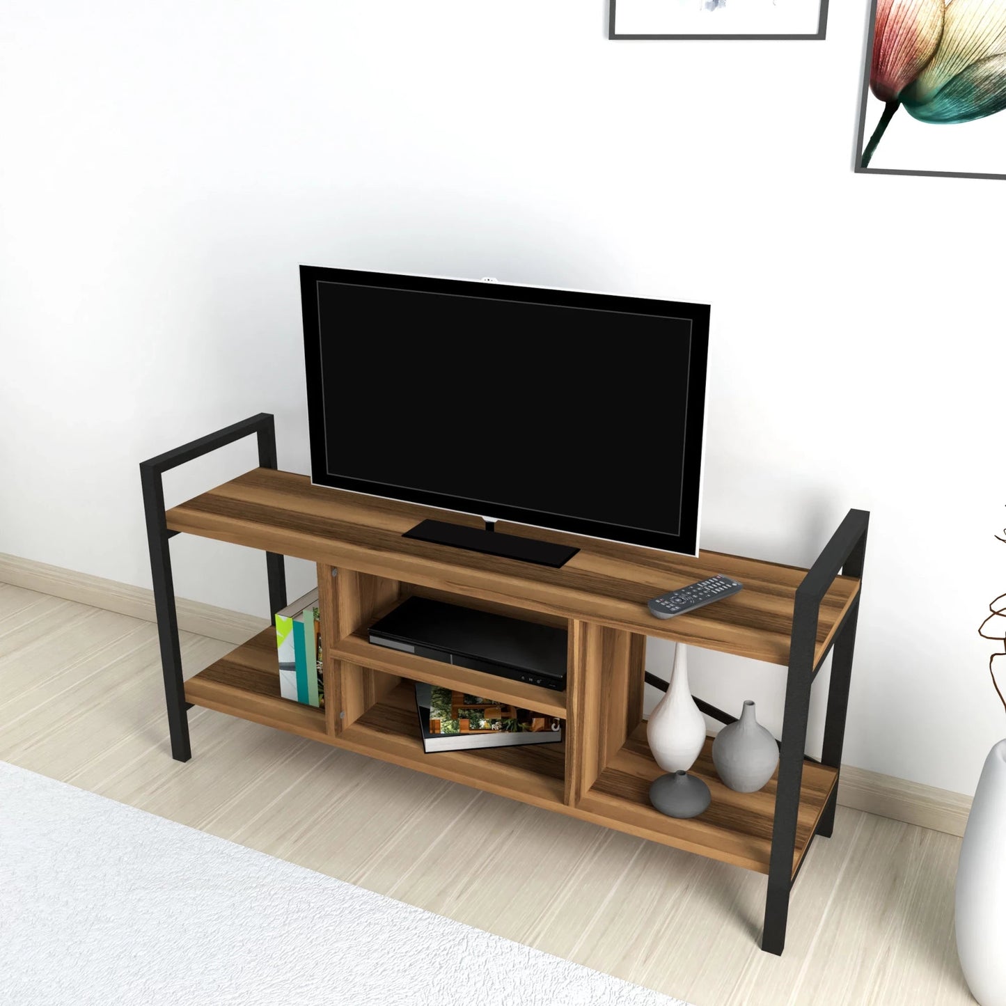 In And OutdoorMatch Tv-meubel Veno - Tv-meubel - Tv-meubel - 61x120x35 cm - Walnootkleurig - Spaanplaat en Metaal - Met Plank TV-meubel