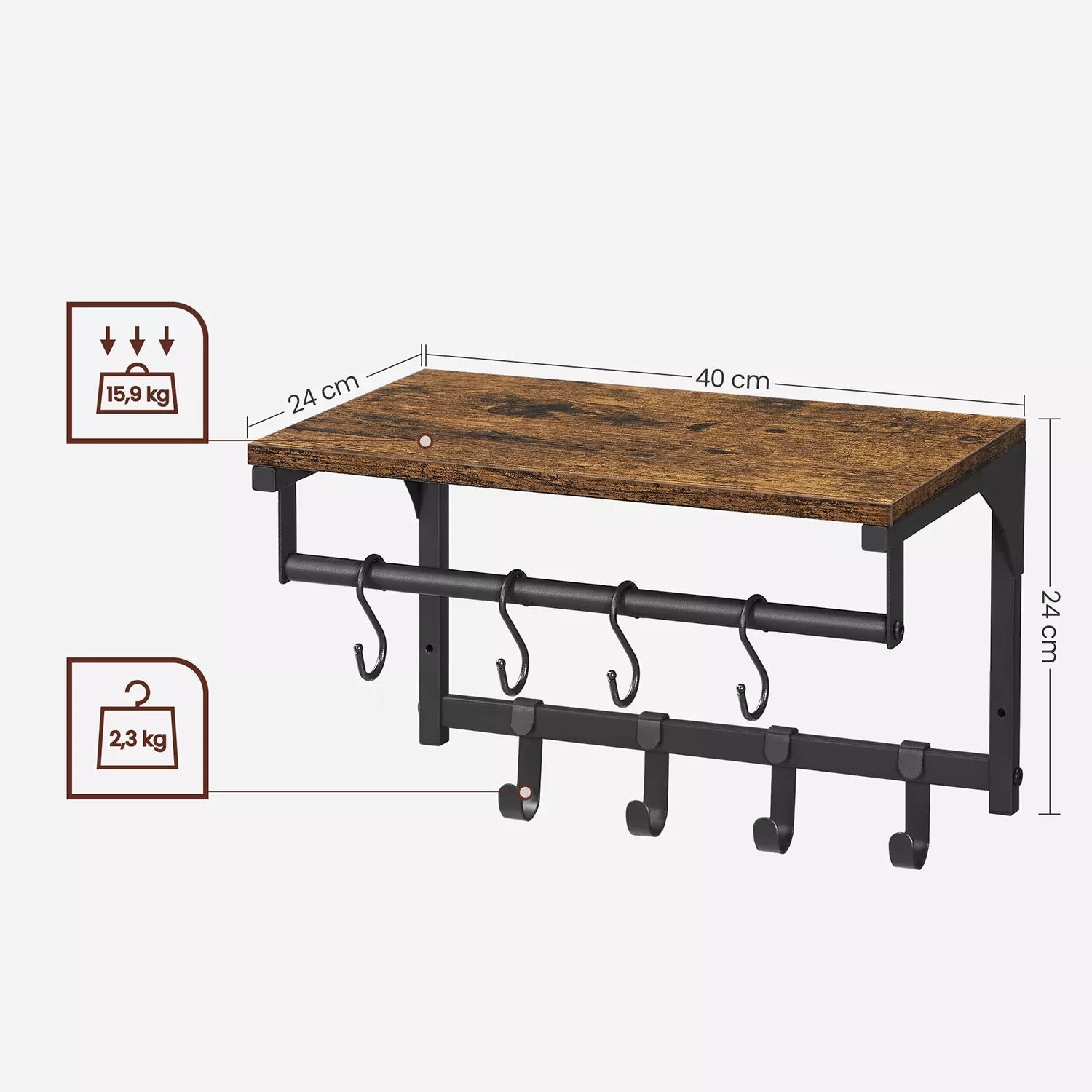 In And OutdoorMatch Wandkapstok met plank Mitch - Kapstok met 8 haken en industrieel - 40x24x24cm Kapstok