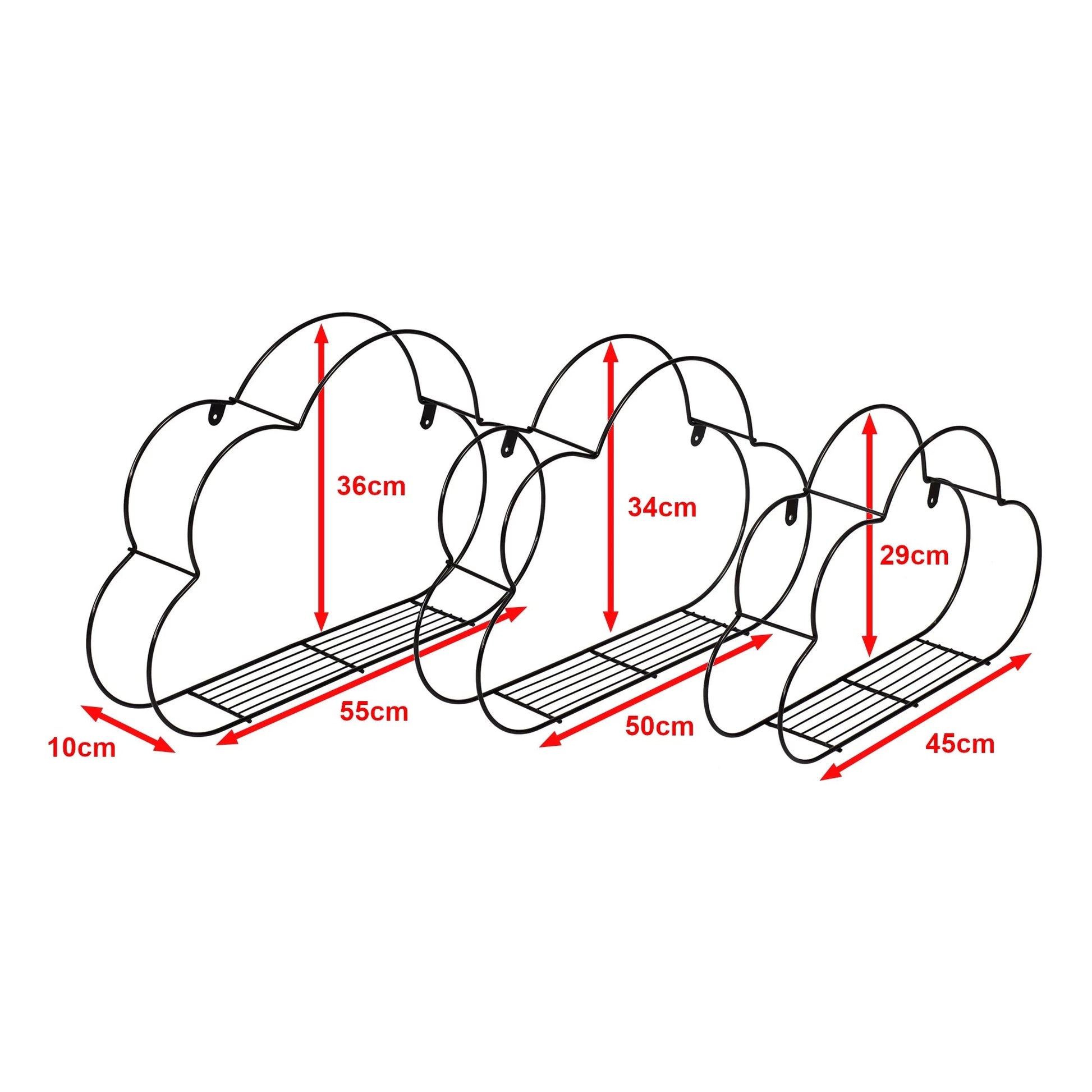 In And OutdoorMatch Wandrek Alixia - Wolkenvorm - Metaal - Set van 3 - Zwart - Opbergruimte - Decoratief Wandplank