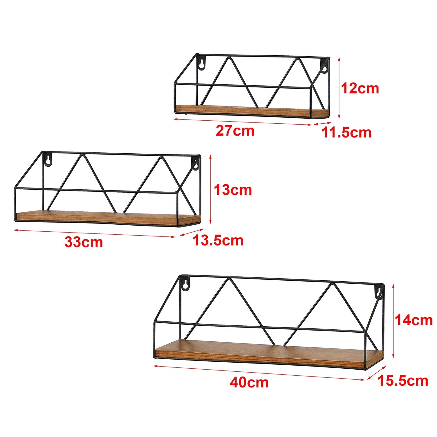 In And OutdoorMatch Wandrek Brian - Set van 3 - Zwart en Houtkleurig - Spaanplaat en Ijzer - Modern design Wandplank