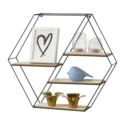 In And OutdoorMatch Wandrek Rebecca - Hexagon - Met 4 Planken - 62x12x53 cm - Zwart en Houtkleurig - Metaal en Hout - Modern Design Wandplank