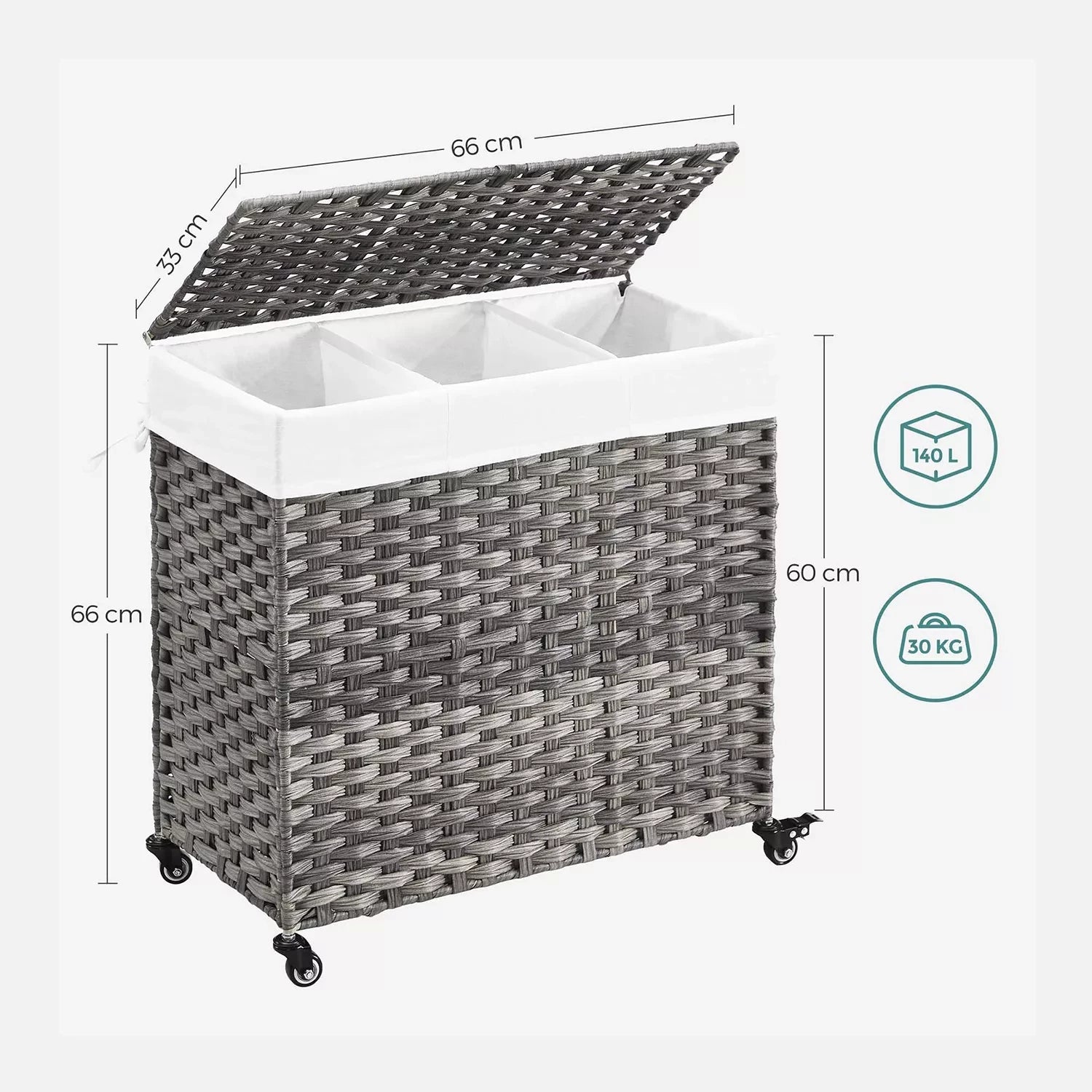 In And OutdoorMatch Wasmand Jovan - Handgeweven - Wasmand - 140 L - Gemaakt van Polyrattan - met 3 Vakken - Uitneembare Waszak - Deksel - Handvatten - voor Woonkamer - Badkamer - 66x33x60cm - Grijs Wasmand