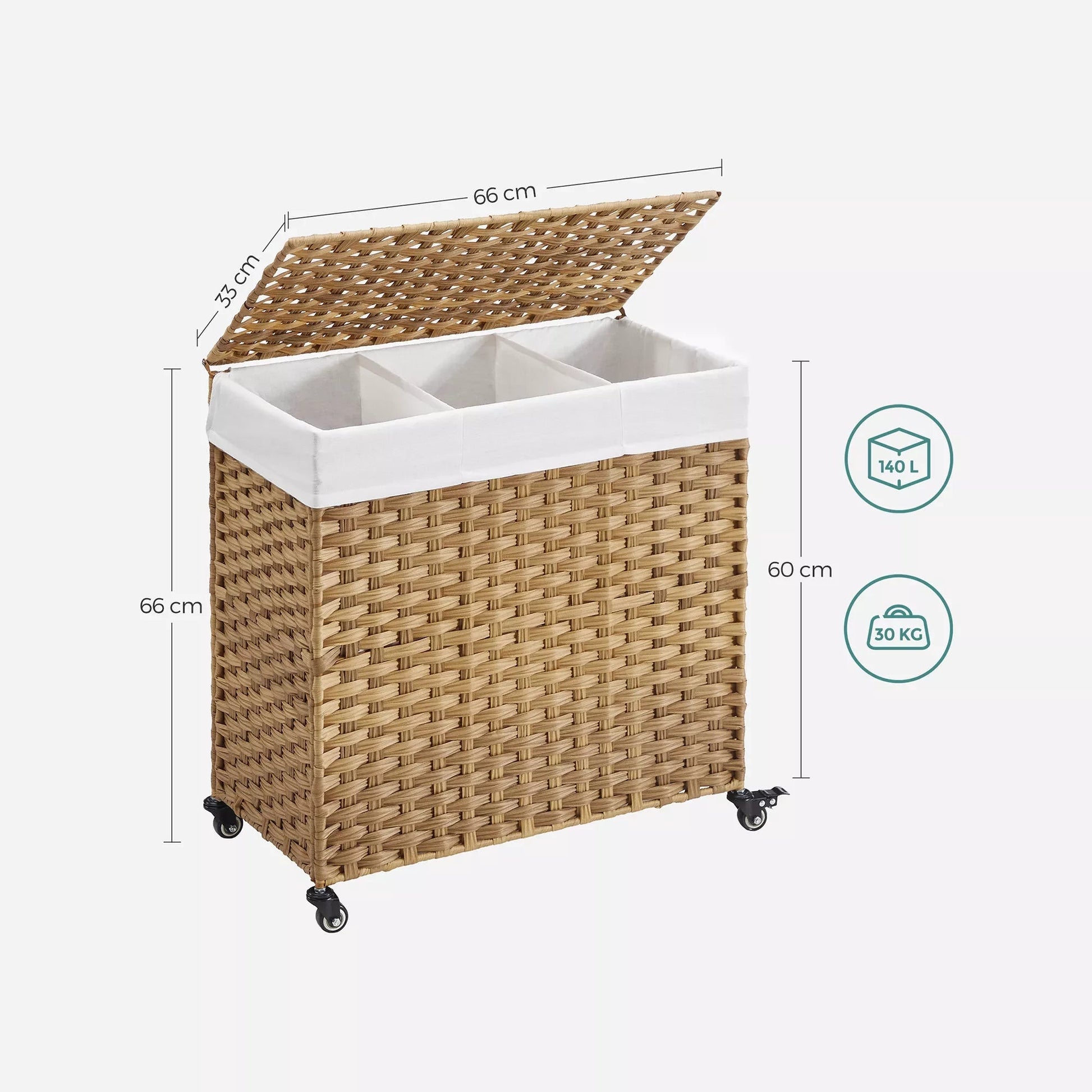 In And OutdoorMatch Wasmand Lauriane - Handgeweven - Wasmand - 140 L - Gemaakt van Polyrotan - met 3 Vakken - Afneembare Waszak - Deksel - Handvatten - voor Woonkamer - Badkamer - 66x33x60cm - Naturel Wasmand