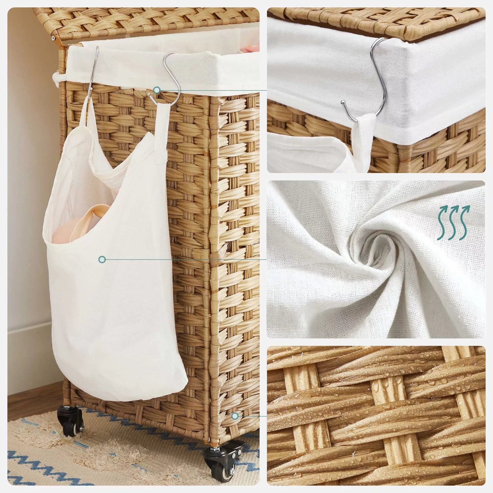 In And OutdoorMatch Wasmand Lauriane - Handgeweven - Wasmand - 140 L - Gemaakt van Polyrotan - met 3 Vakken - Afneembare Waszak - Deksel - Handvatten - voor Woonkamer - Badkamer - 66x33x60cm - Naturel Wasmand