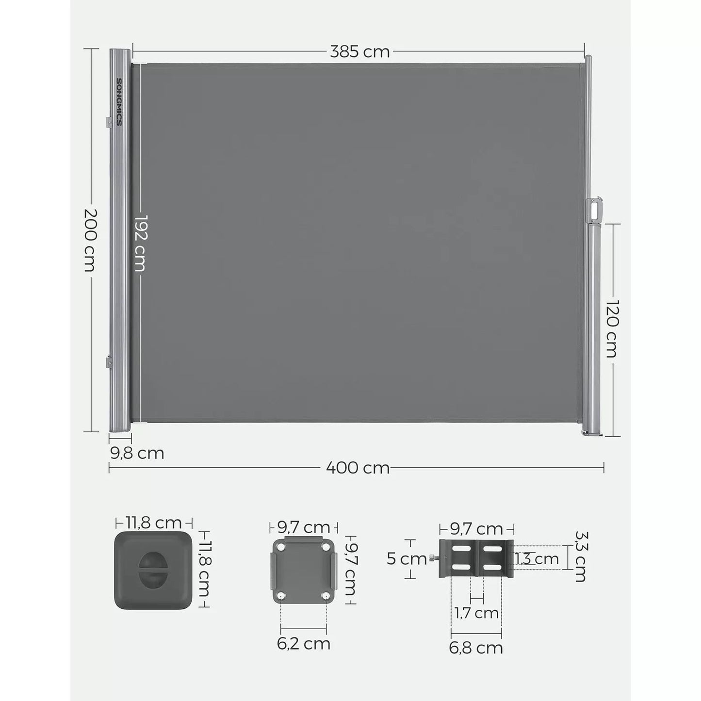 In And OutdoorMatch Zijluifel Lelah - Uitschuifbaar - Grijs - 200x400cm - Inkijkbescherming - Zonwering - Balkon - Terras - Tuin Sunshade