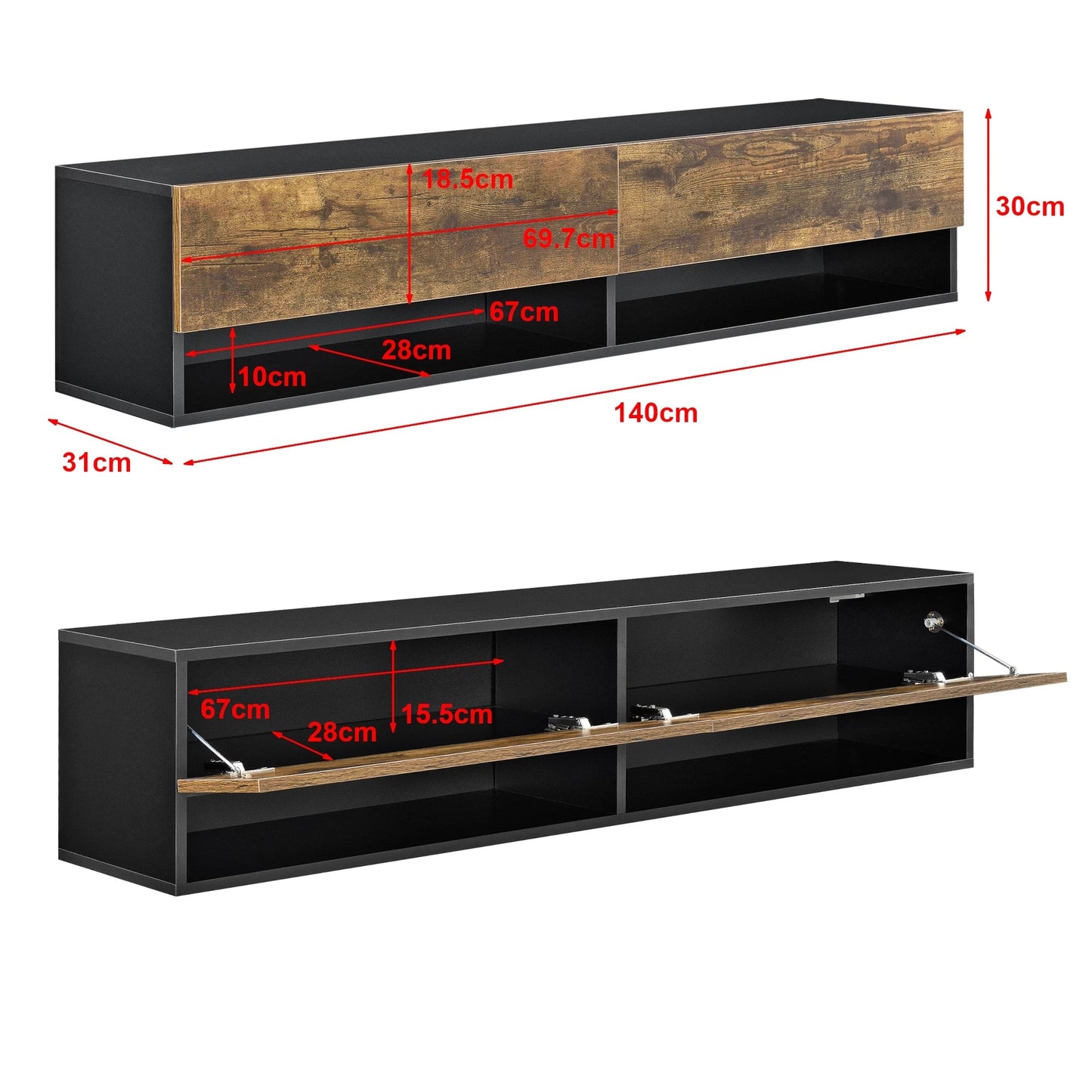 In And OutdoorMatch Zwevende Kast Alisha - 140x31x30cm - Zwart en Donker Eiken - Spaanplaat - Luxe Design TV cabinet