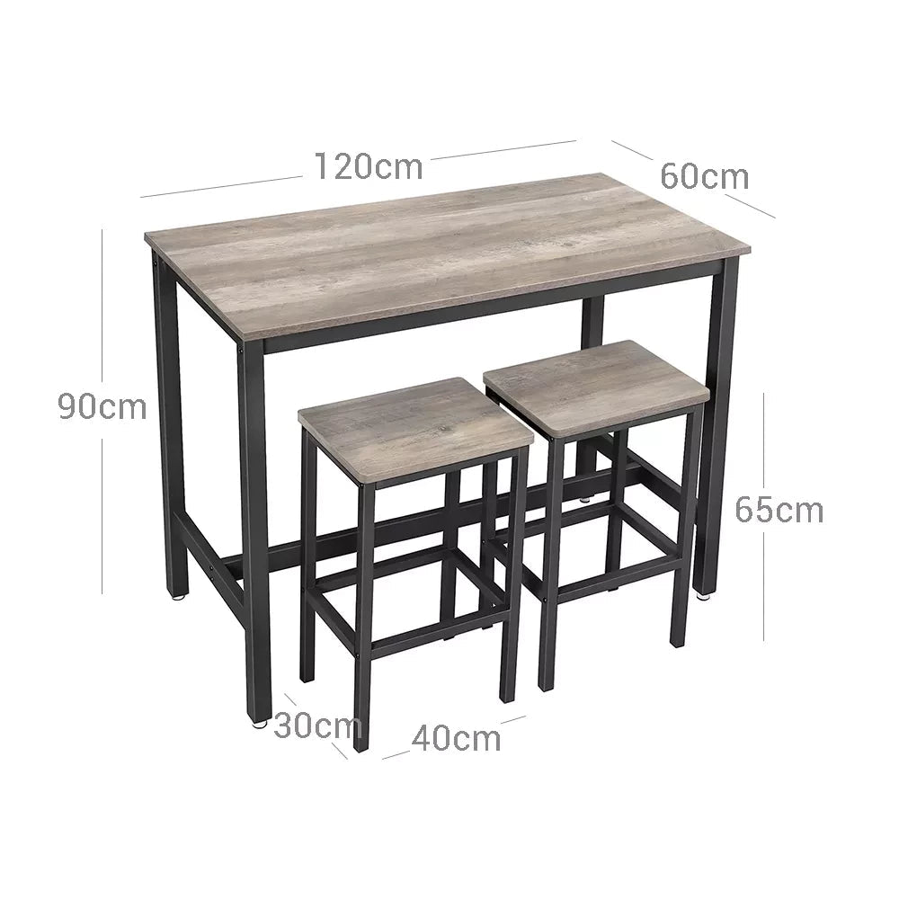 In And OutdoorMatch keukentafel met 2 barkrukken Sergio - Eettafel keuken - Rechthoek - Eetkamertafel - 120 x 60 x 90 cm - 2 personen - Grijs Bar table