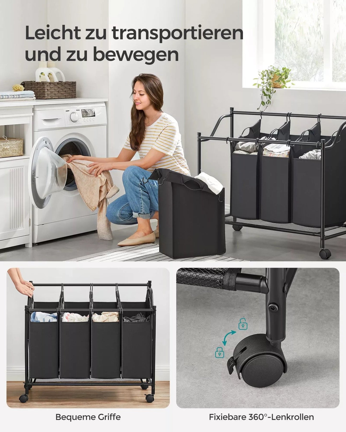 In And OutdoorMatch wasmand Huki - wasverzamelaar - Zwart - 4 uitneembare stoffen zakken wasgoed - op wielen - 4 x 35 liter Wasmand