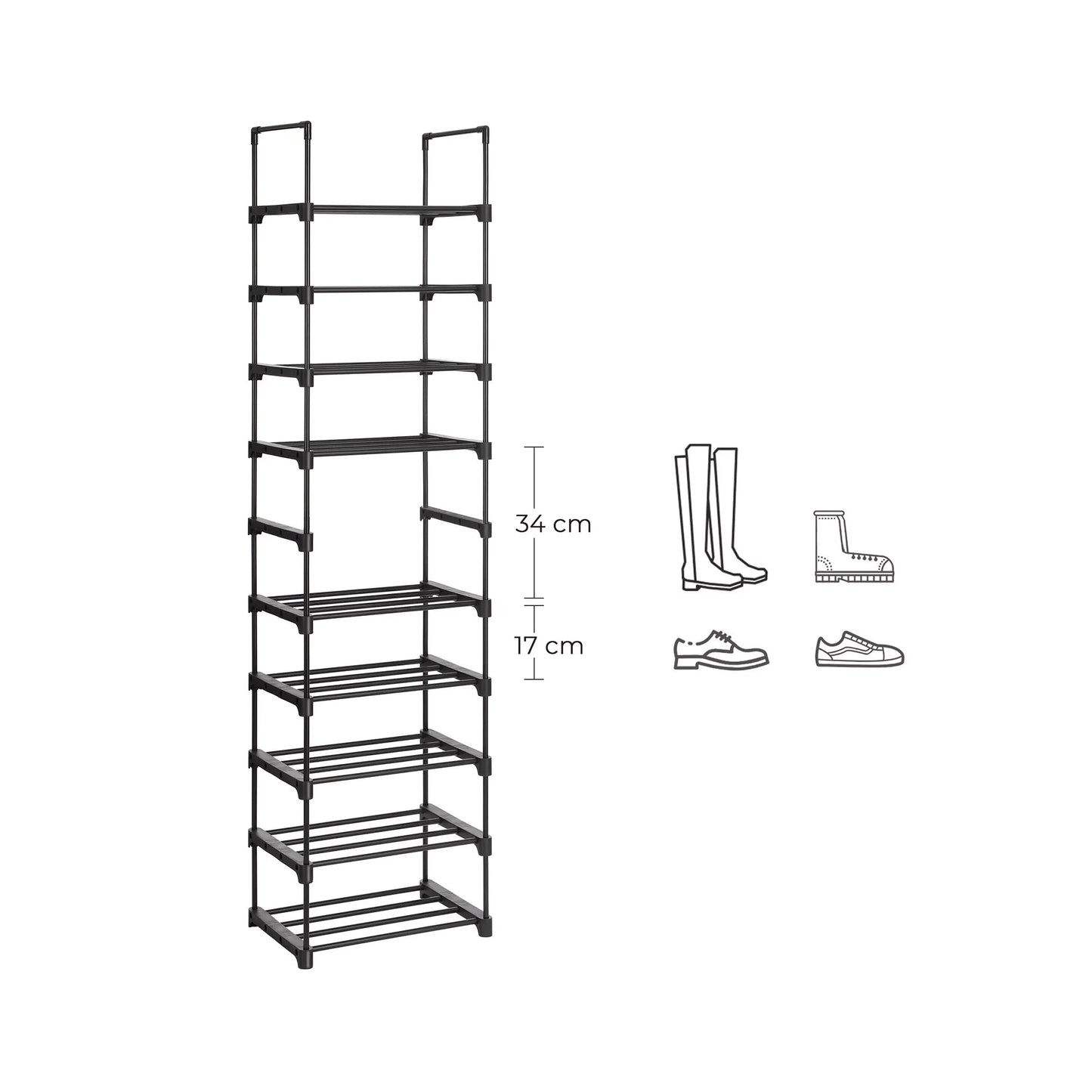 In En OutdoorMatch Schoenenrekken Tye - Set van 2 - Metalen Schoenenrek - Stapelbaar - Ruimtebesparend - Schoenenopberger - Multifunctioneel - Staande Plank - Voor Hal - Slaapkamer - Woonkamer - Zwart shoe rack